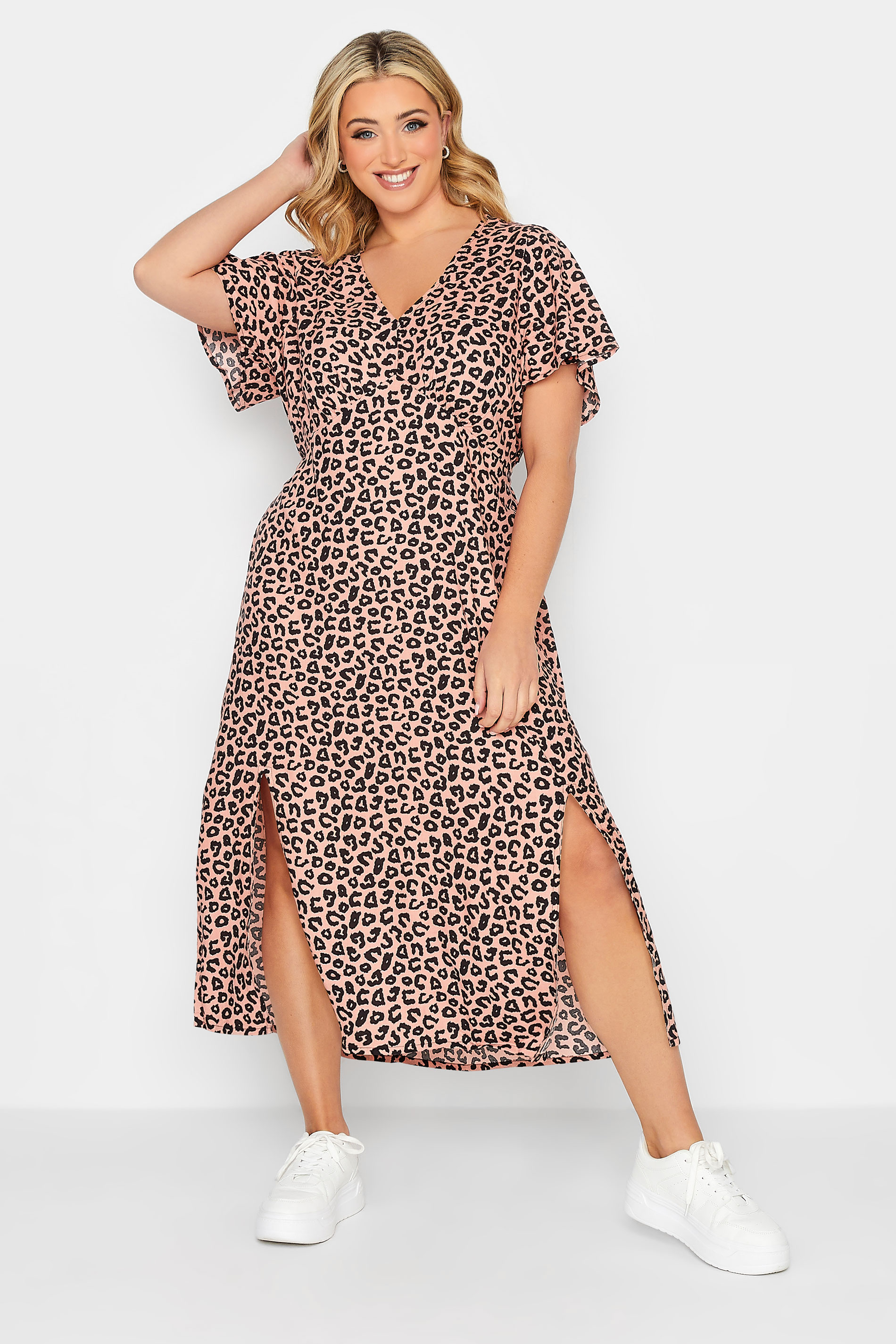 YOURS PETITE Plus Size Pink Leopard Print Midi Tea Dress | Yours Clothing 1