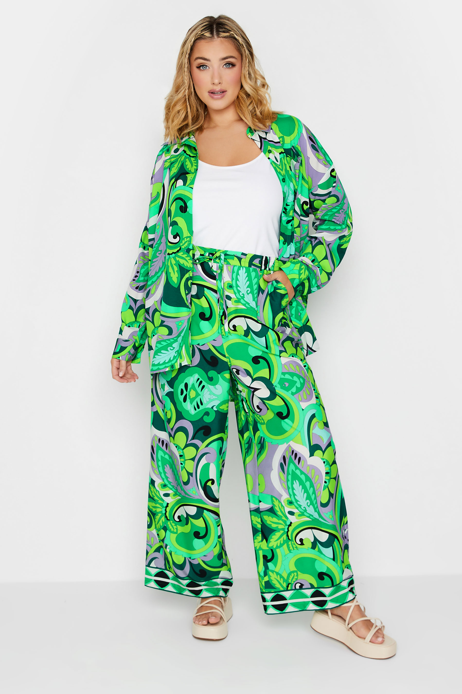 LIMITED COLLECTION Curve Plus Size Green Abstract Print Wide Leg Trousers | Yours Clothing  2