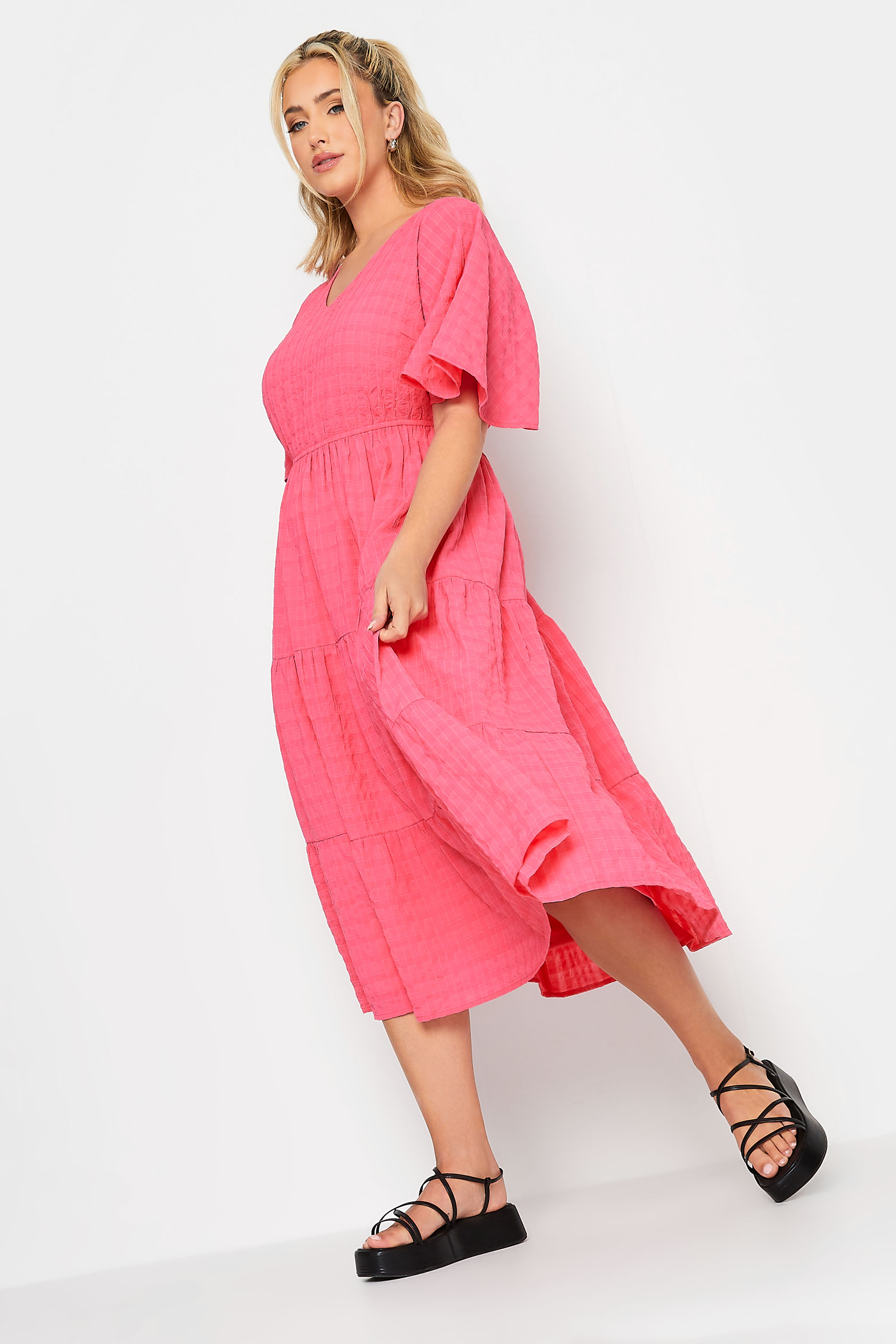 LIMITED COLLECTION Curve Plus Size Hot Pink Textured Tiered Smock Dress | Yours Clothing  2