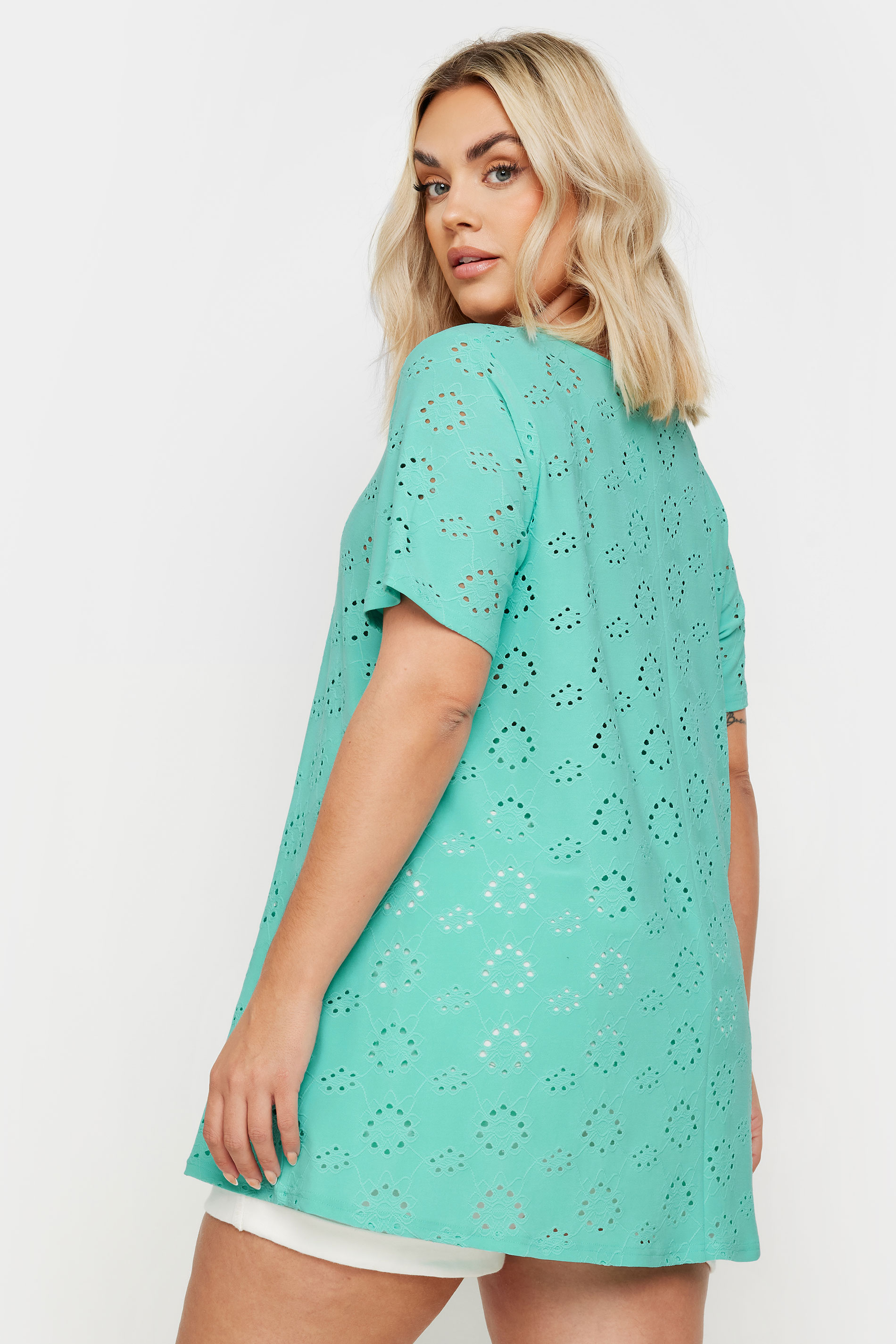 YOURS Plus Size Aqua Blue Broderie Anglaise Swing T-Shirt | Yours Clothing 3