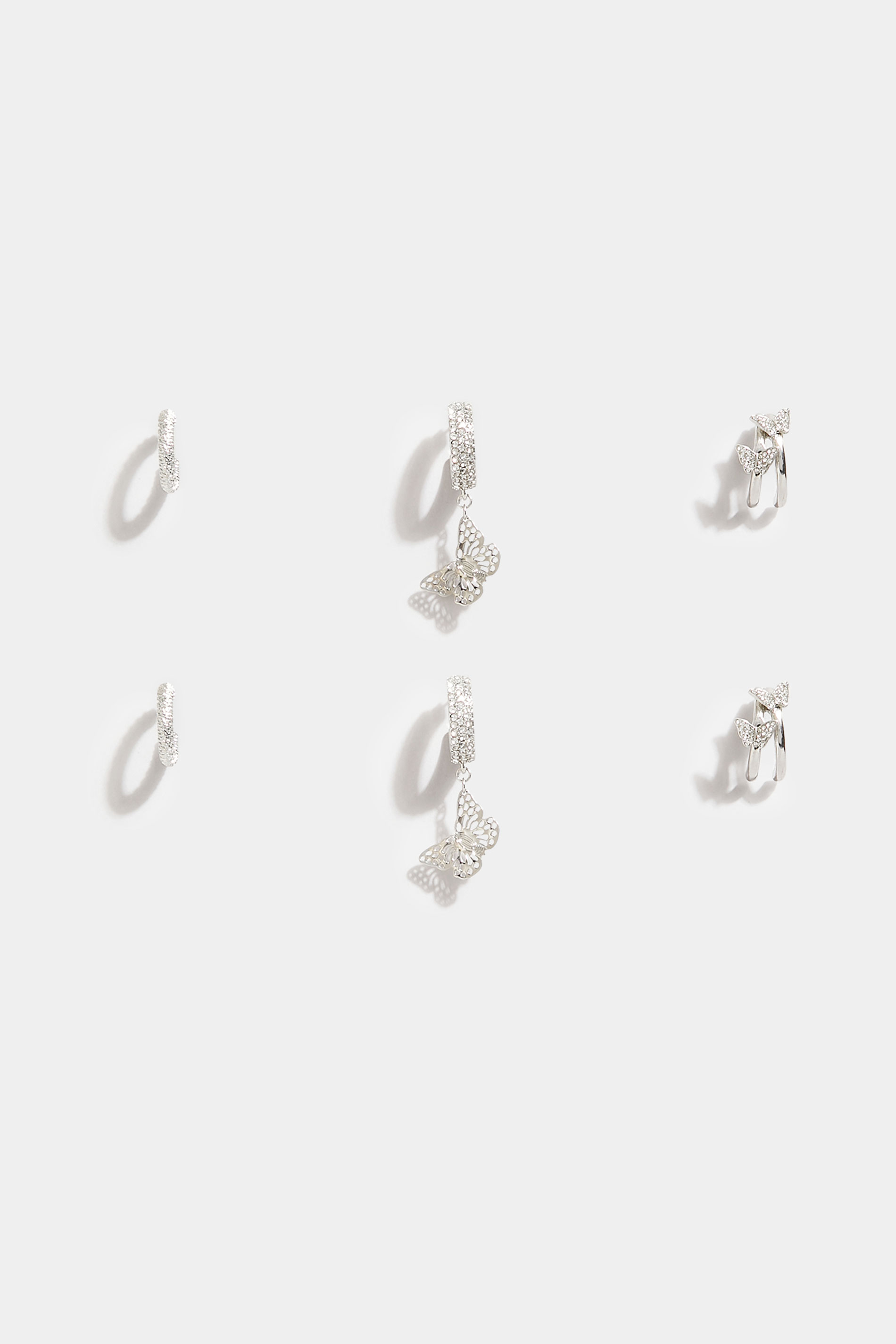 3 PACK Silver Diamante Butterfly Earrings | Yours Clothing  3
