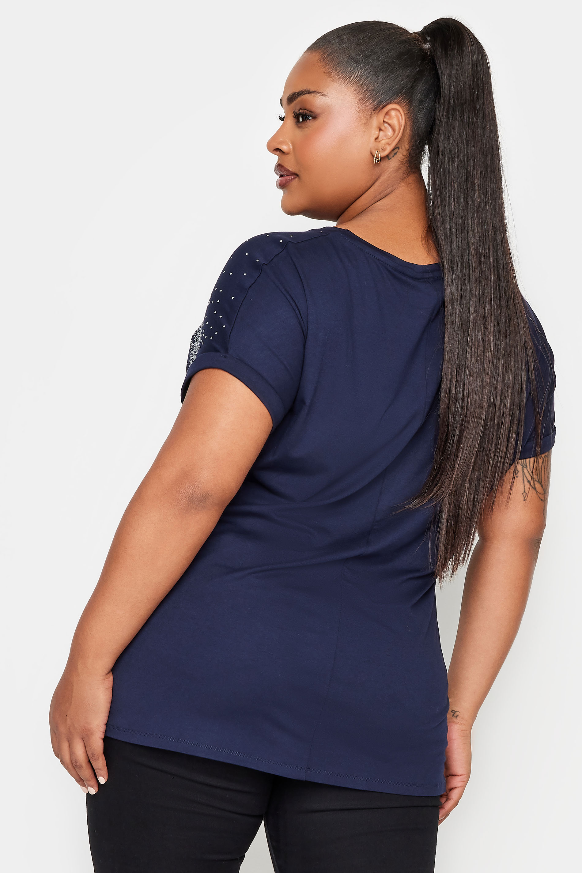 YOURS Plus Size Navy Blue Diamante Detail T-Shirt | Yours Clothing 3