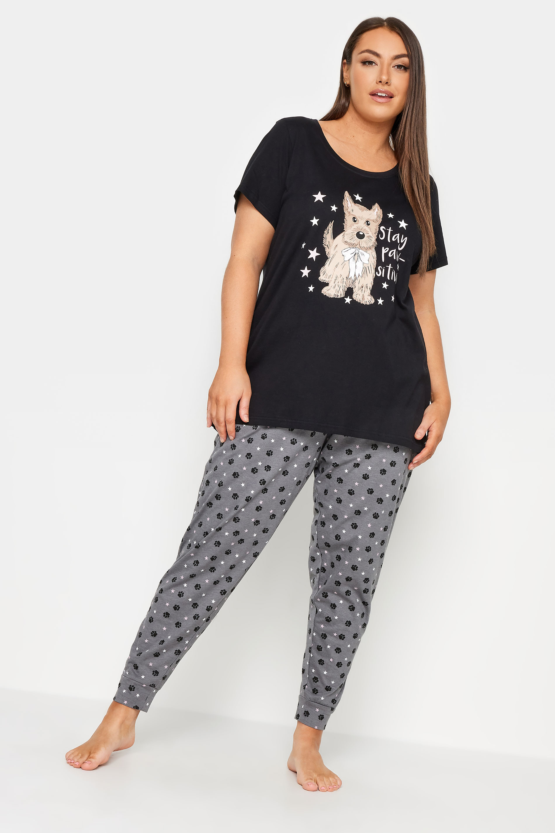 YOURS Plus Size Black 'Stay Paw-sitive' Slogan Pyjama Set | Yours Clothing 2