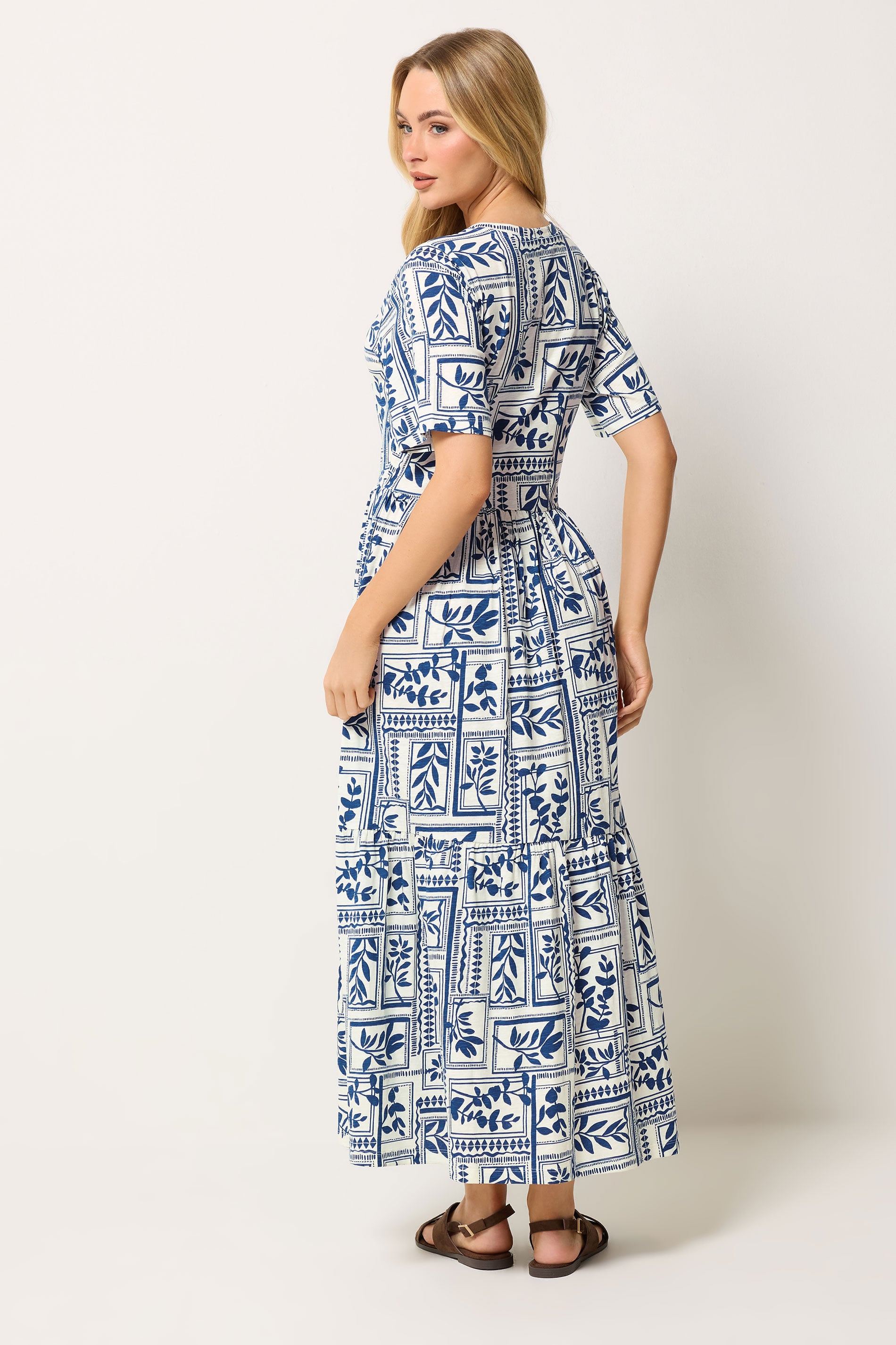 M&Co Blue Leaf Print Tiered Cotton Maxi Dress | M&Co 2