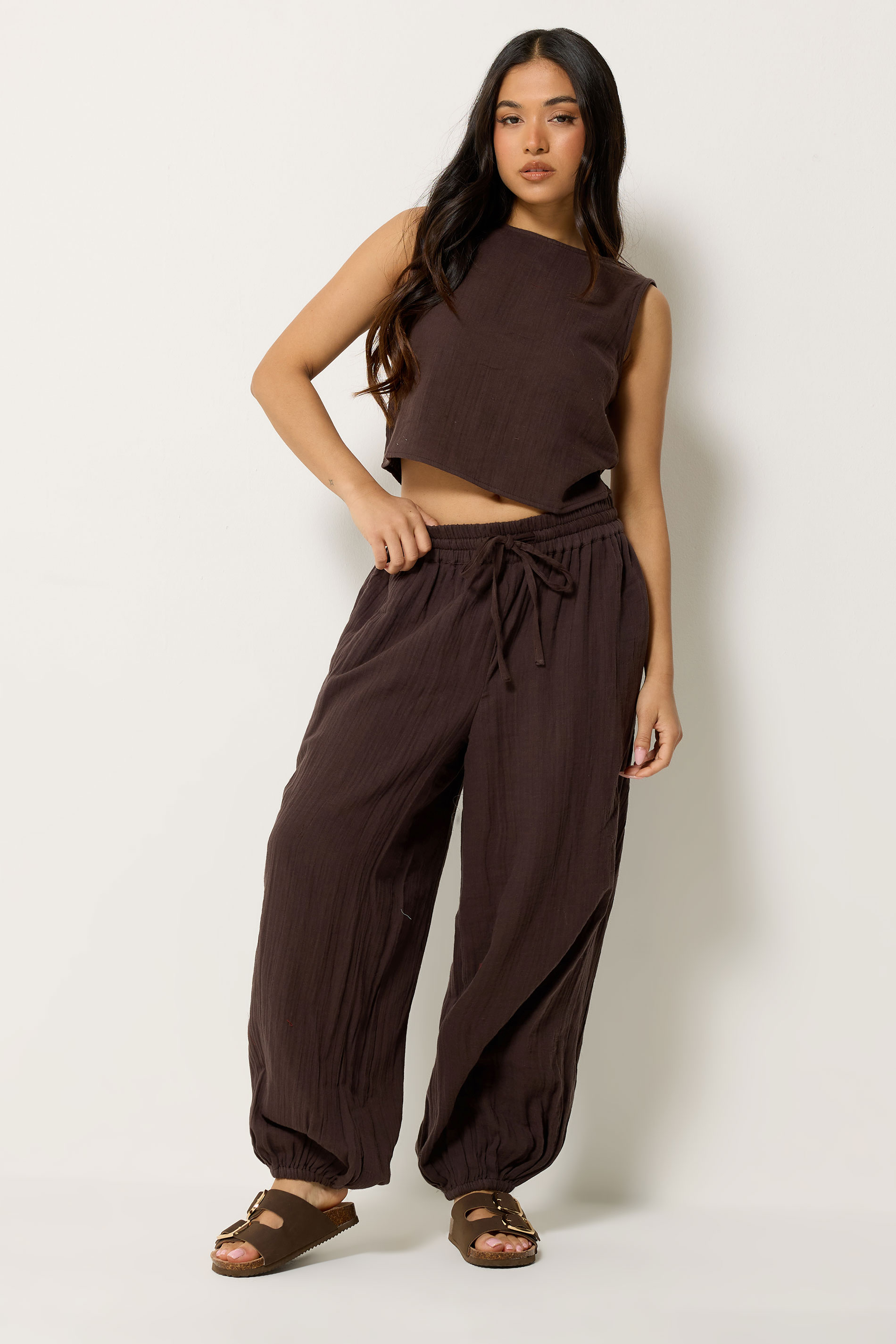 PixieGirl Petite Women's Set Chocolate Brown Cotton Cheesecloth Top & Balloon Trousers | PixieGirl 3