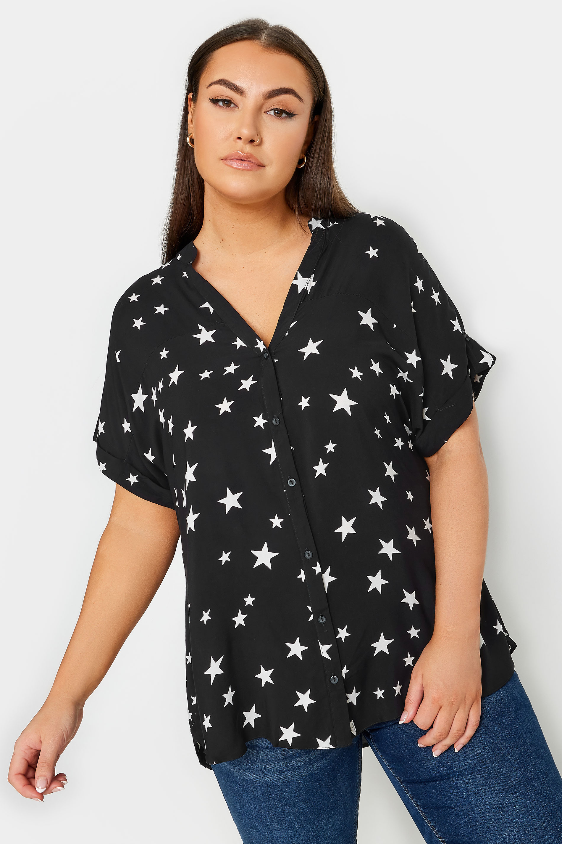 YOURS Plus Size Black Star Print Button Through Shirt | Yours Clothing 1