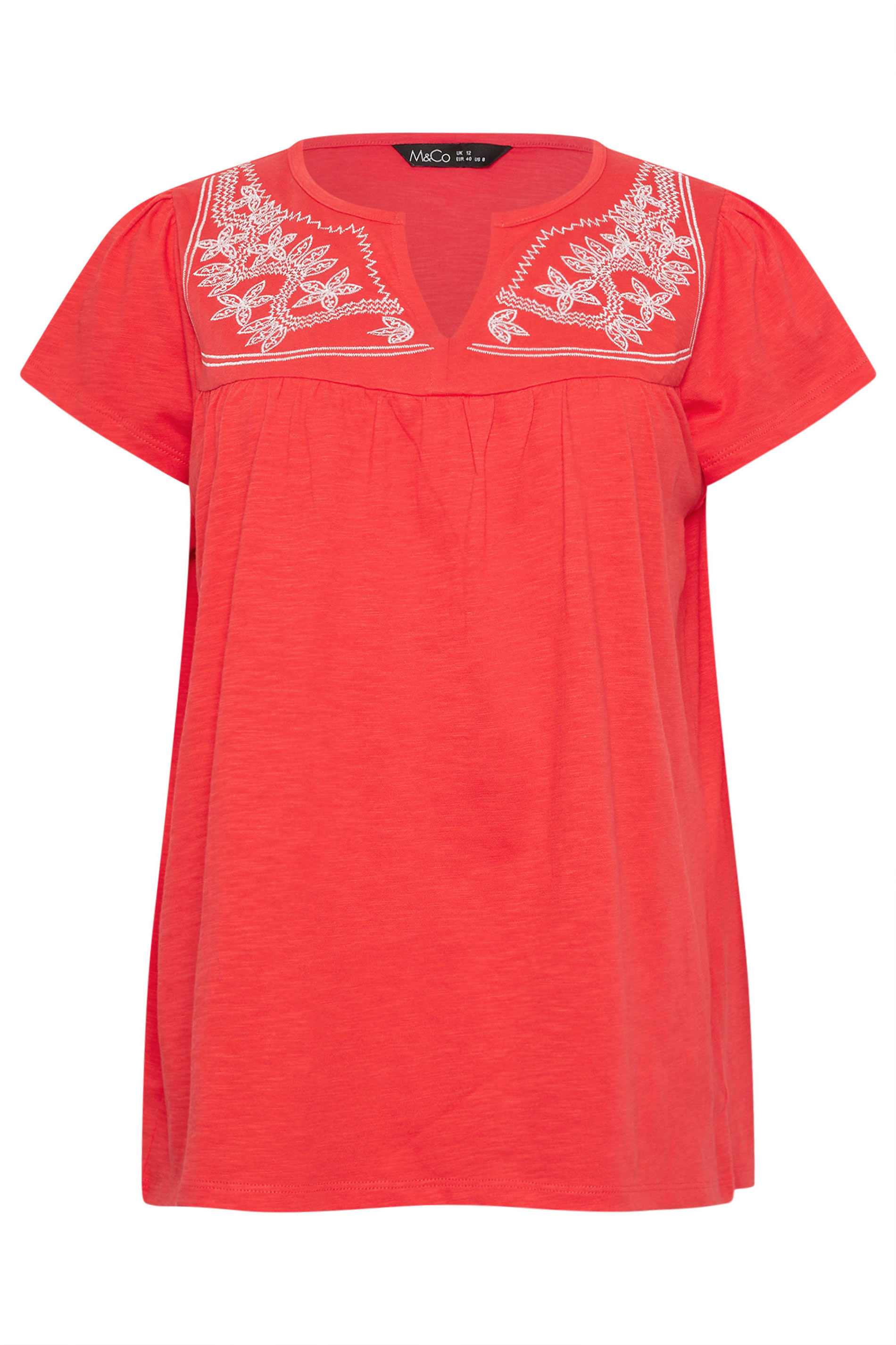 M&Co Orange Embroidered Cotton Notch Neck Top | M&Co 5