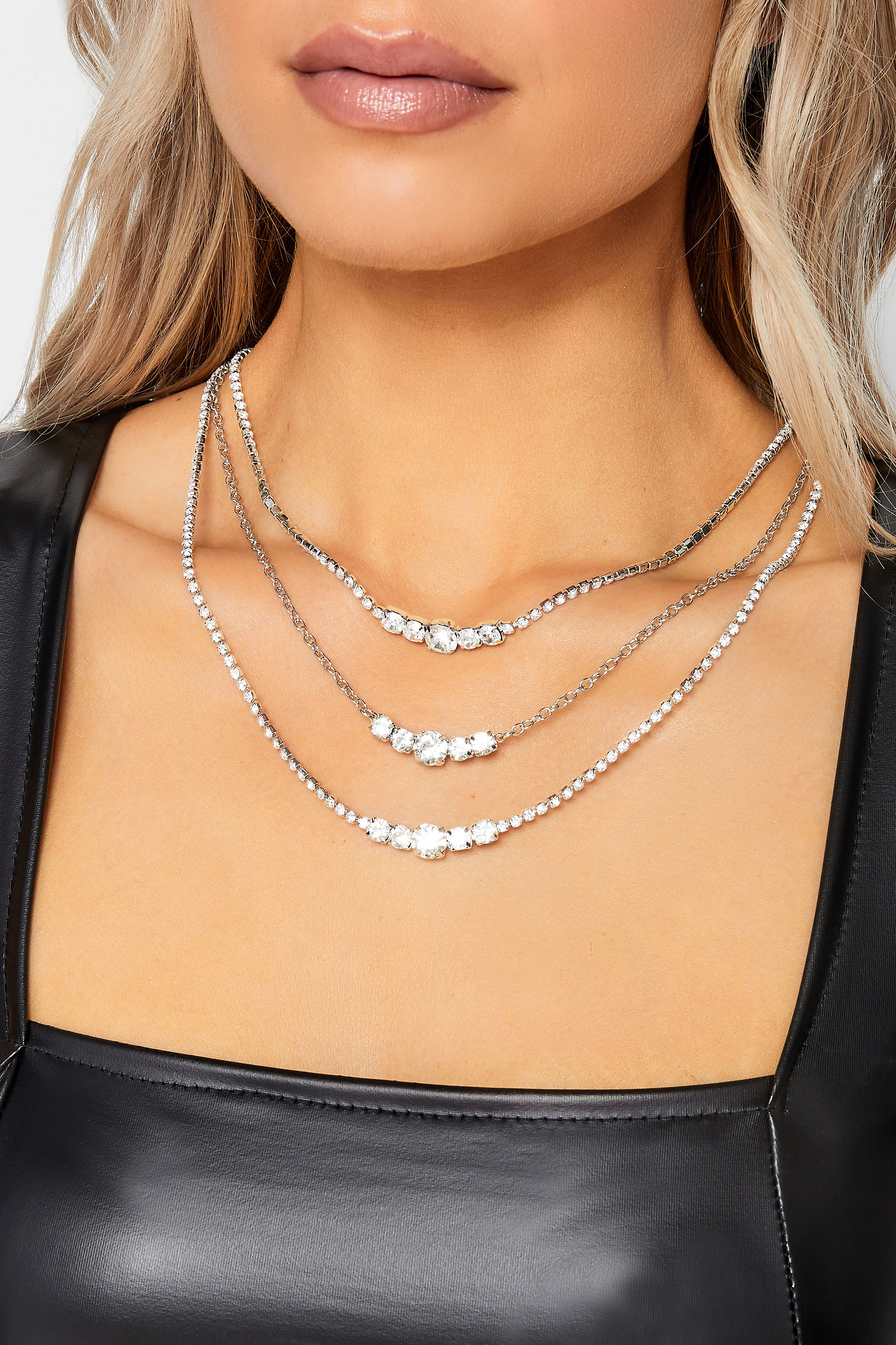 Silver Triple Layer Diamante Necklace  1