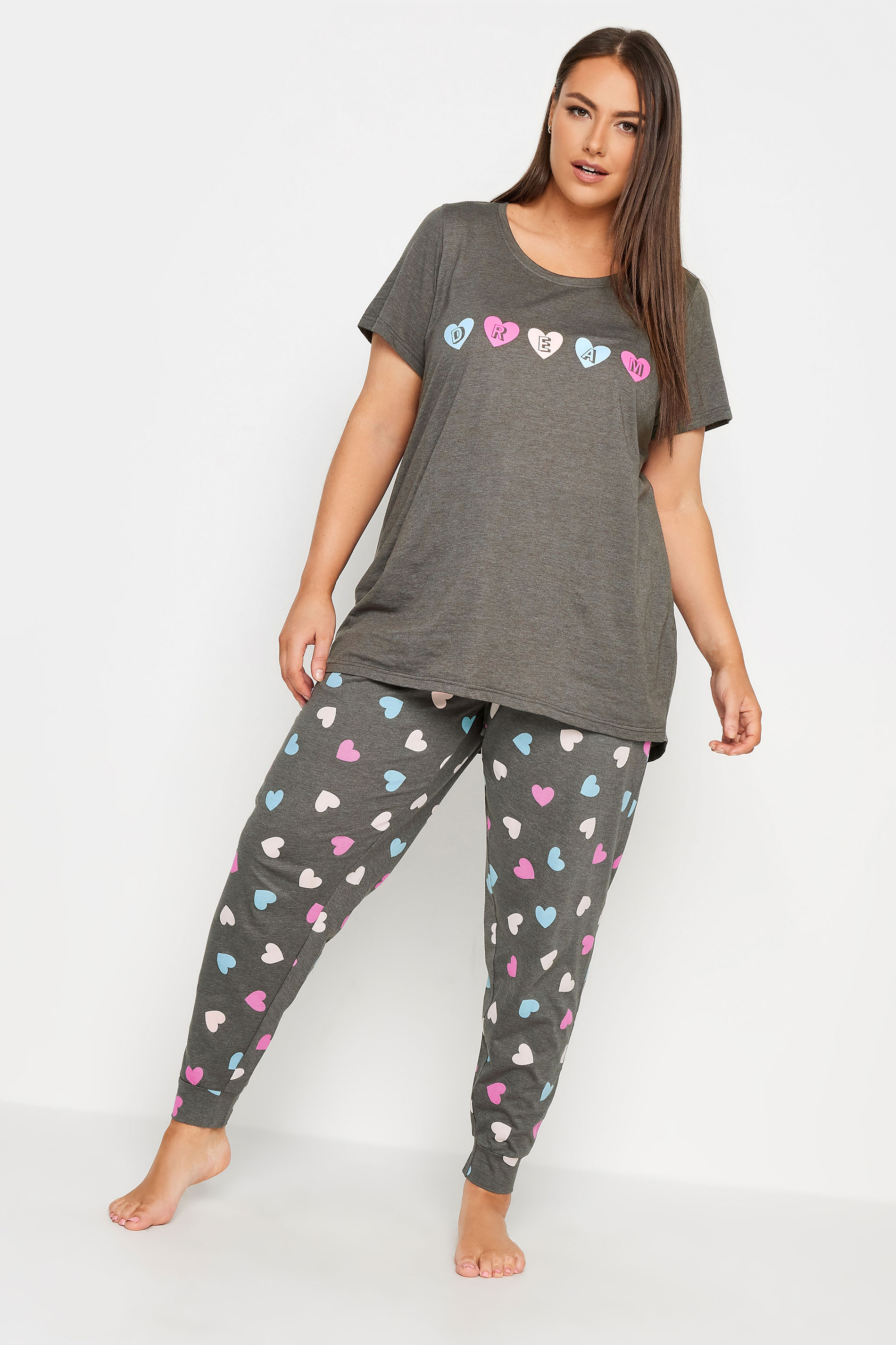 YOURS Plus Size Grey 'Dream' Slogan Heart Print Pyjama Set | Yours Clothing 2