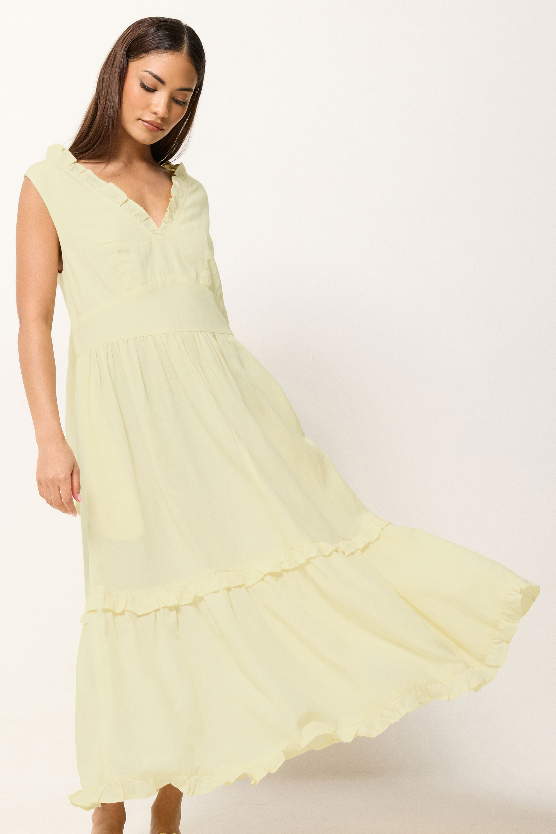 PixieGirl Petite Women's Yellow Ruffle Tie Back Midi Dress | PixieGirl 3