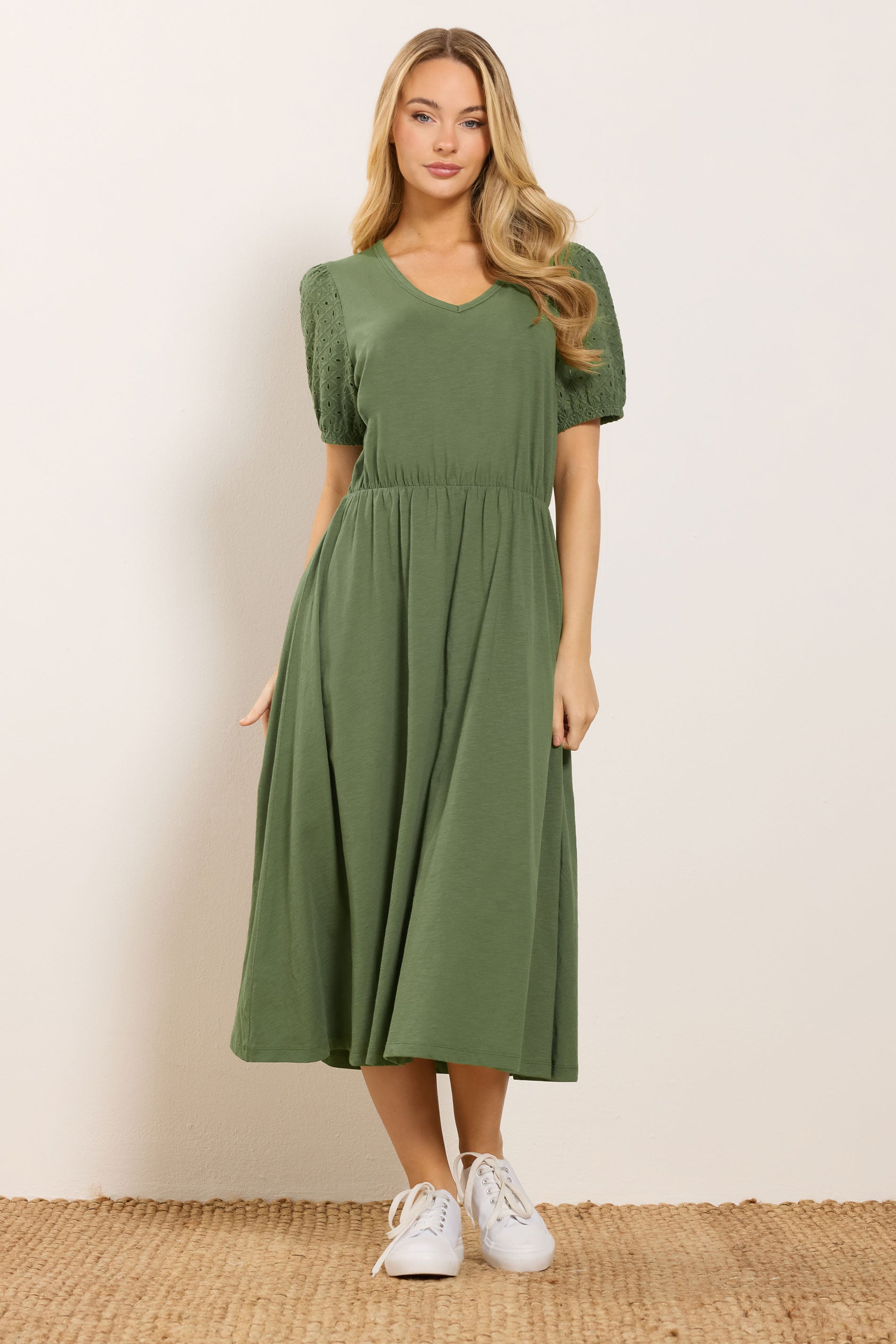 M&Co Khaki Green Broderie Sleeve Cotton Midi Dress | M&Co 3