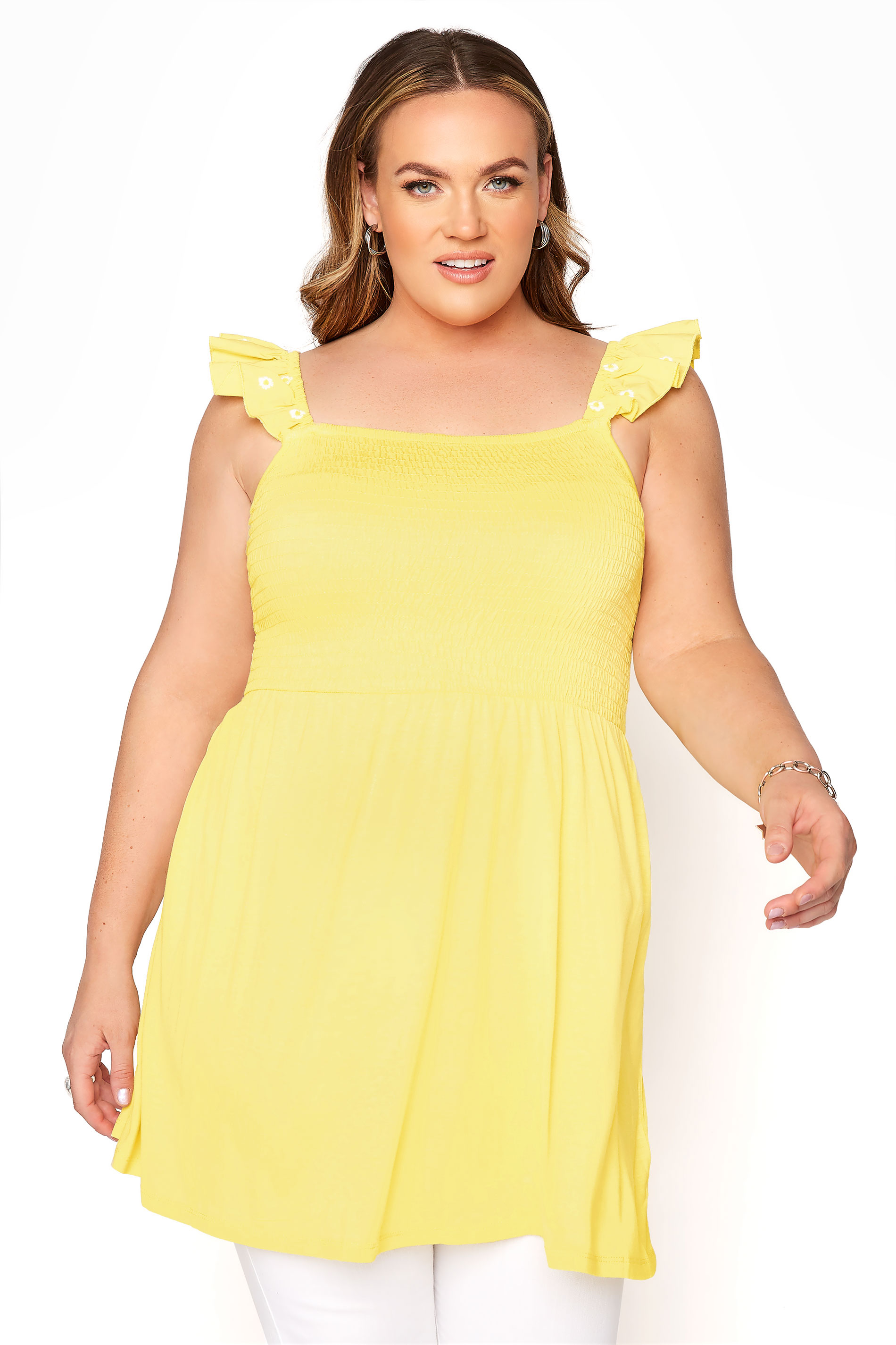 Yellow Shirred Frill Sleeve Vest Top_A.jpg