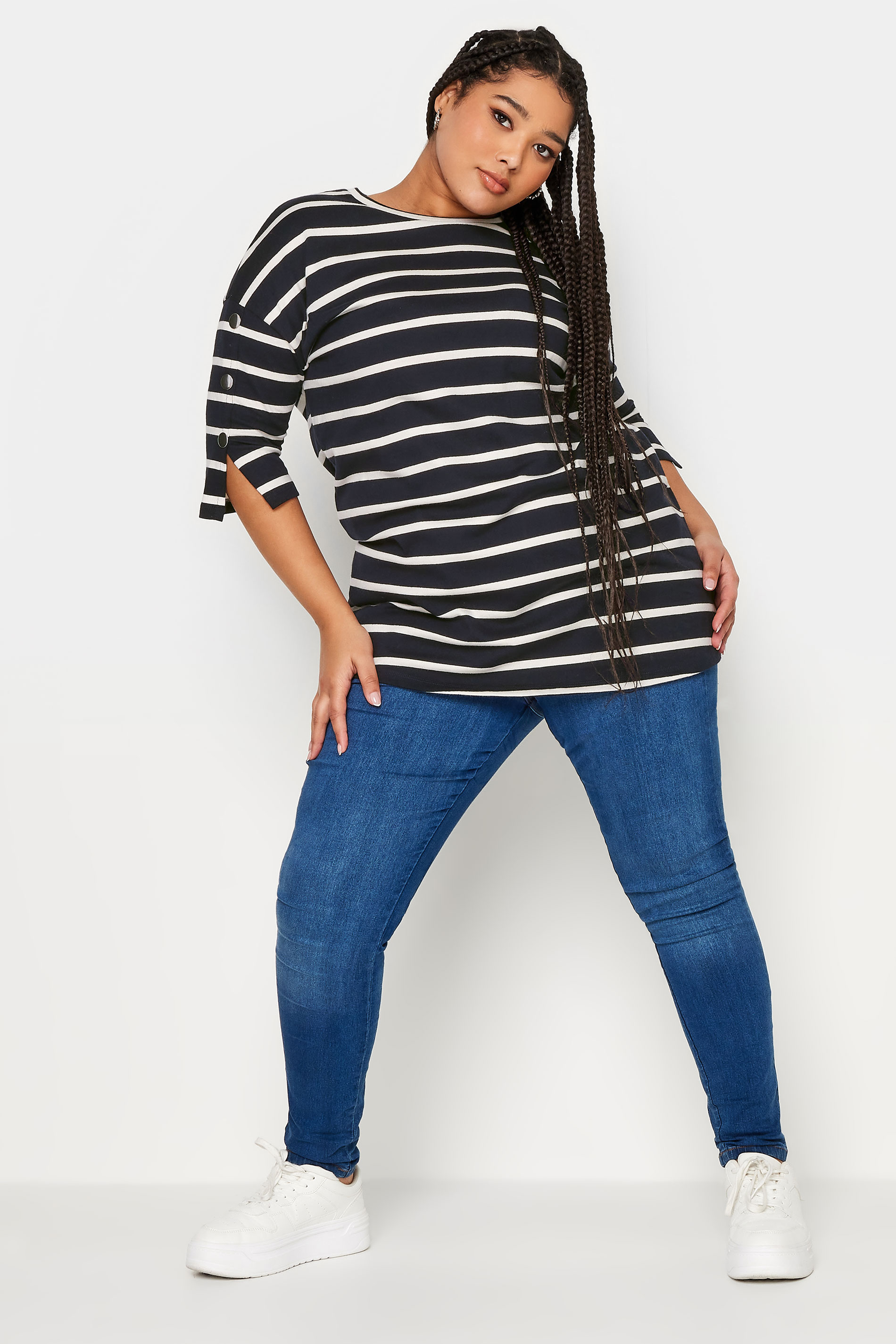 YOURS Curve Navy Blue Striped Button Sleeve Top | Yours Clothing 2