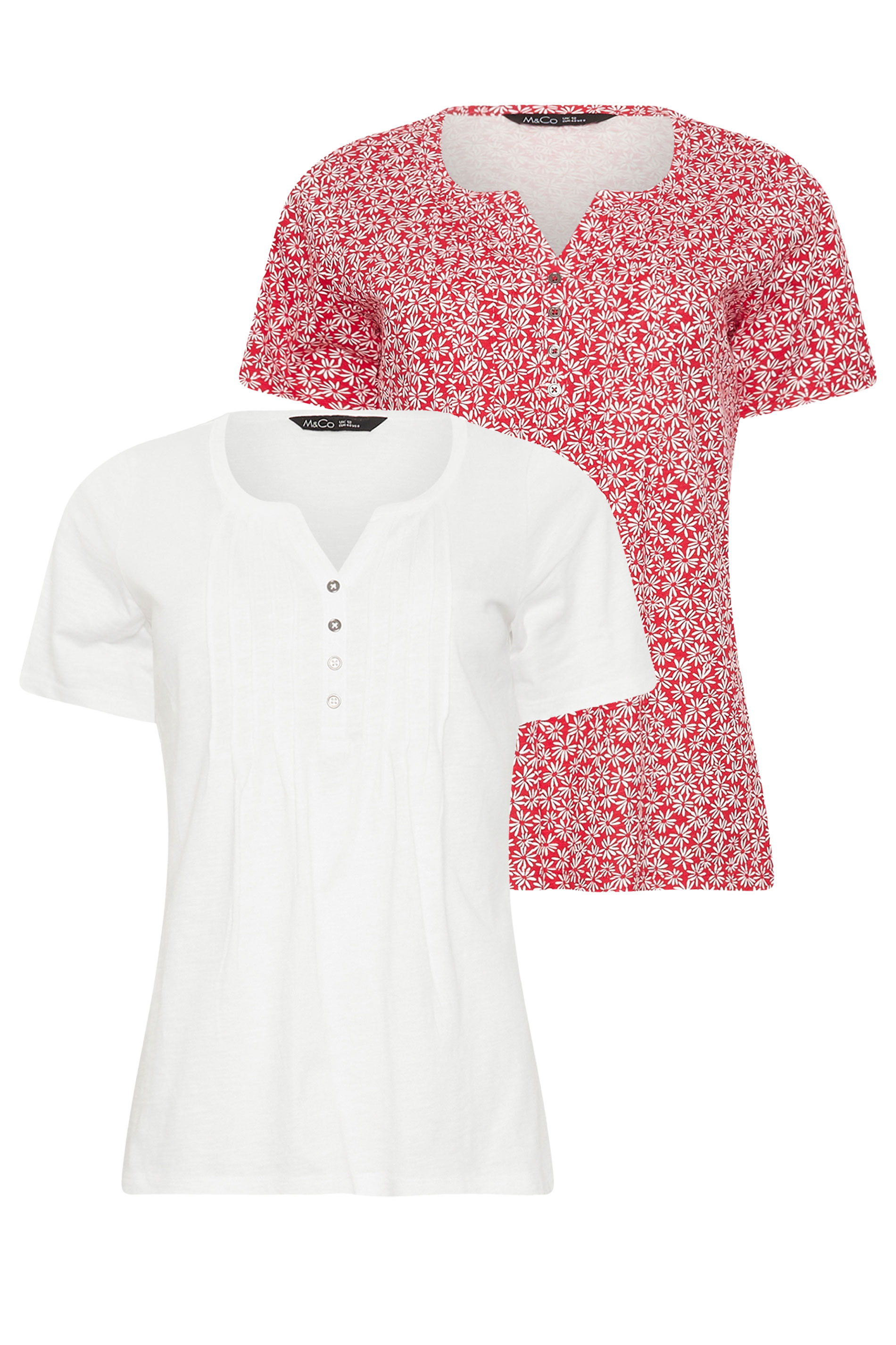 M&Co 2 PACK Red & White Floral Cotton Henley Tops | M&Co 7