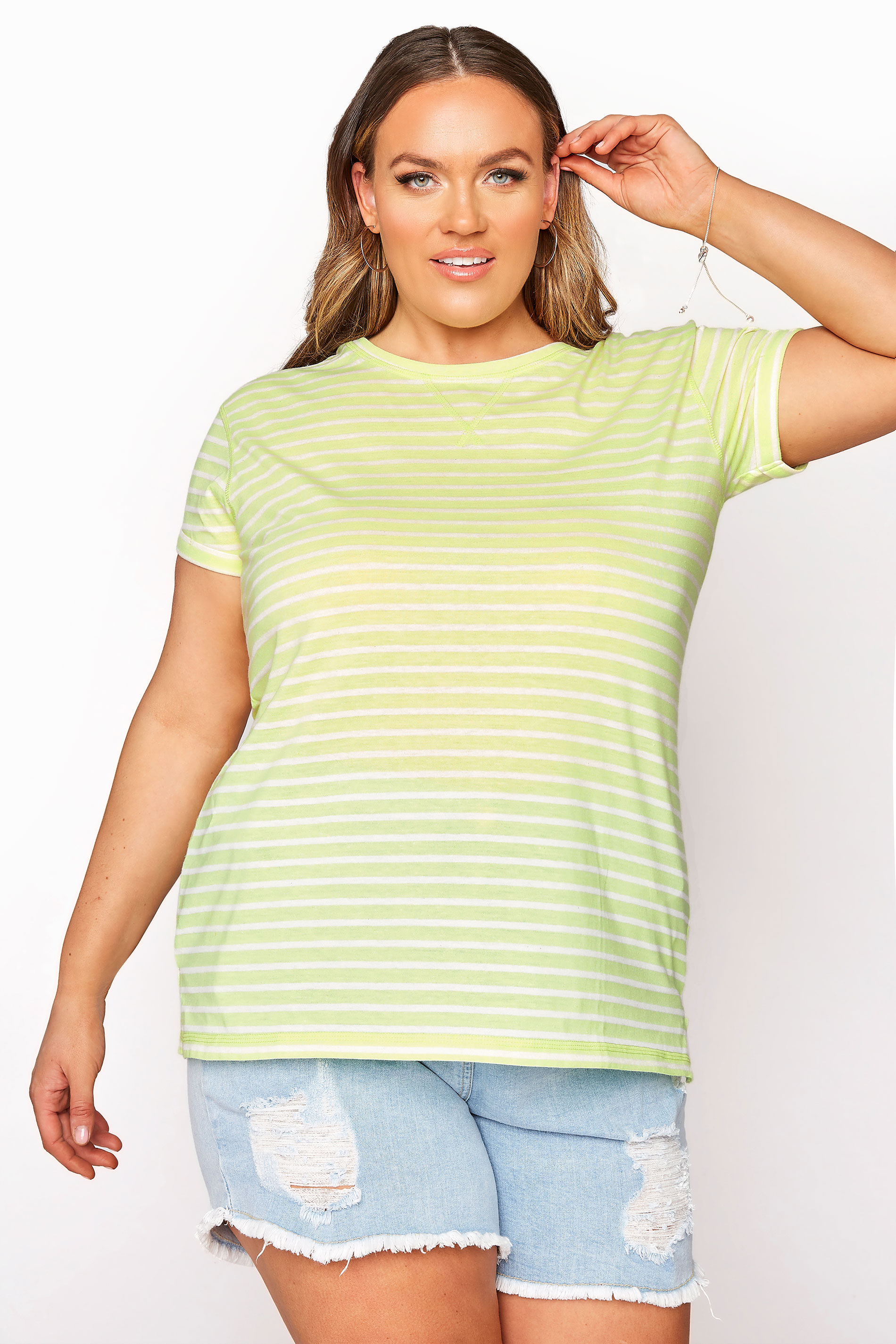 Grande taille  Tops Grande taille  Tops Jersey | T-Shirt Jaune Flashy Imprimé Rayures - US64411