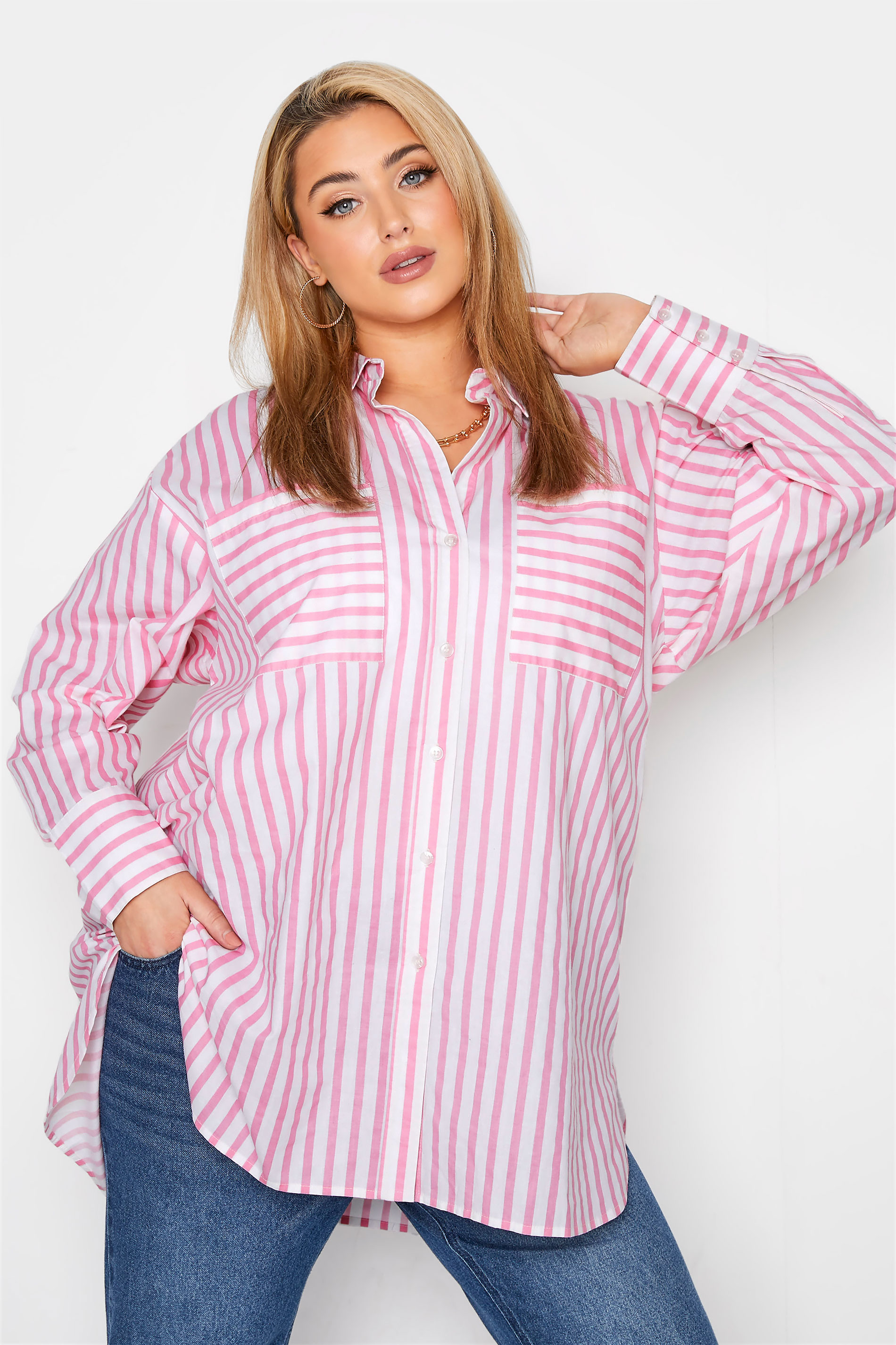 LIMITED COLLECTION Curve Pink Stripe Oversized Shirt_A.jpg