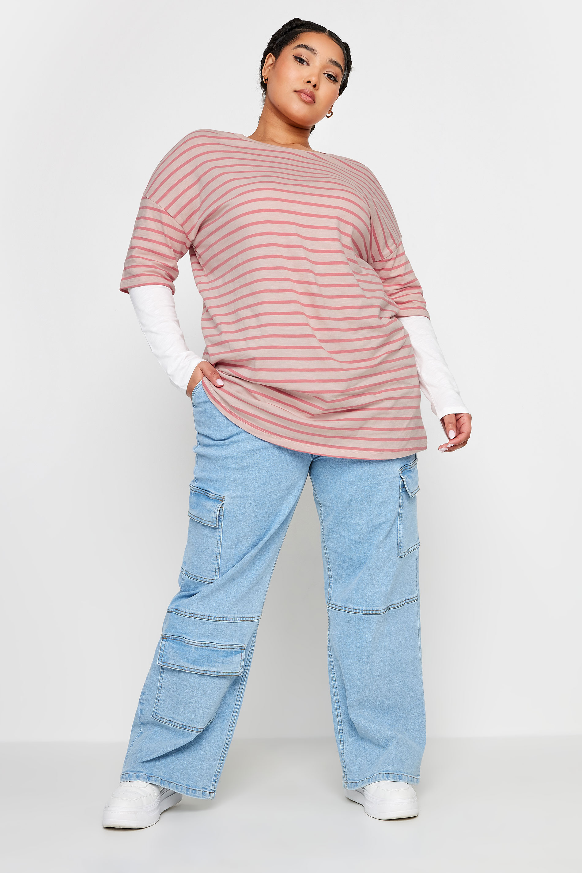 YOURS Plus Size Pink Stripe Double Layer Top | Yours Clothing 2