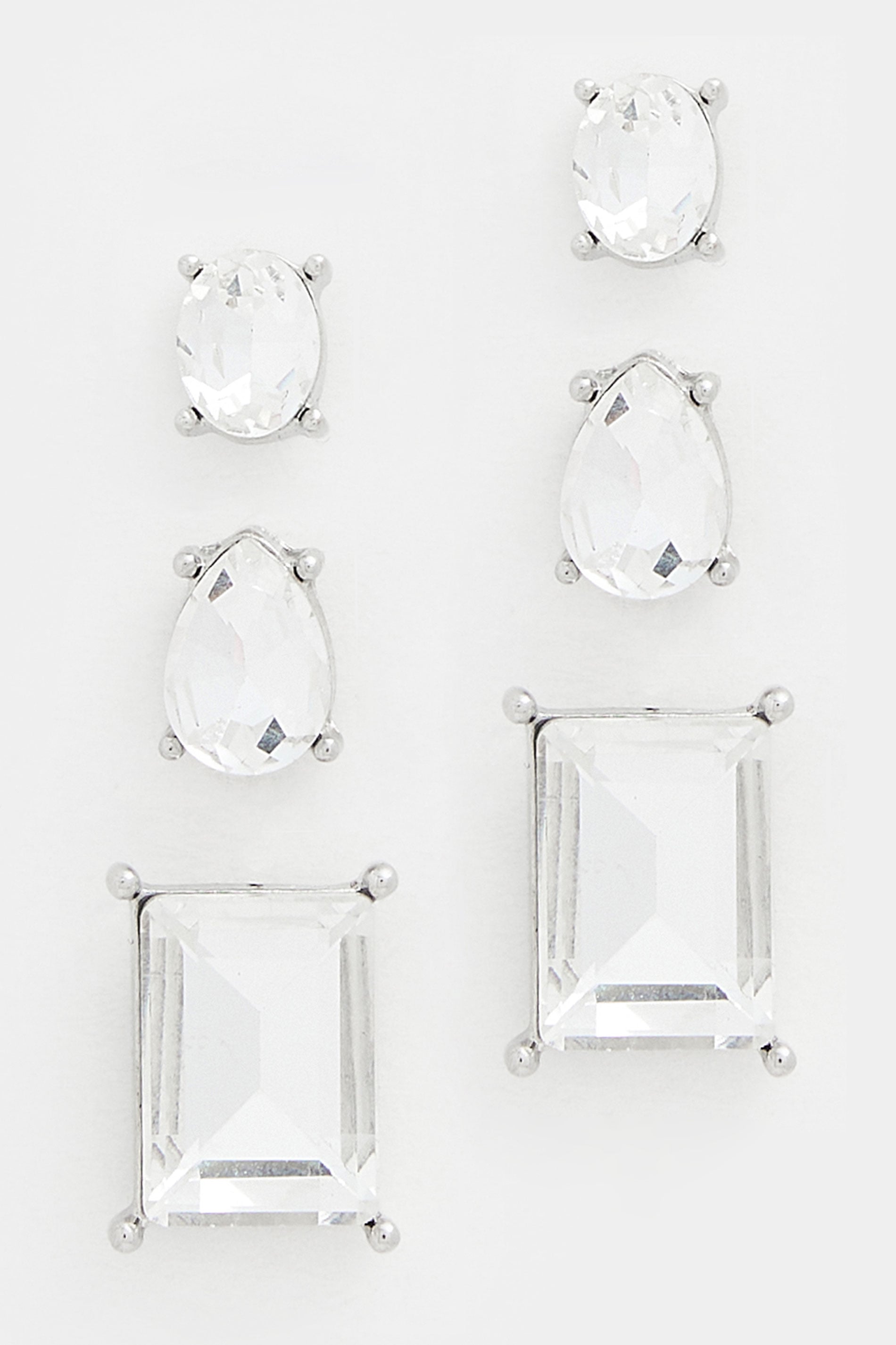 YOURSET 3 PACK Silver Tone Diamante Stud Earrings | Yours Clothing 3
