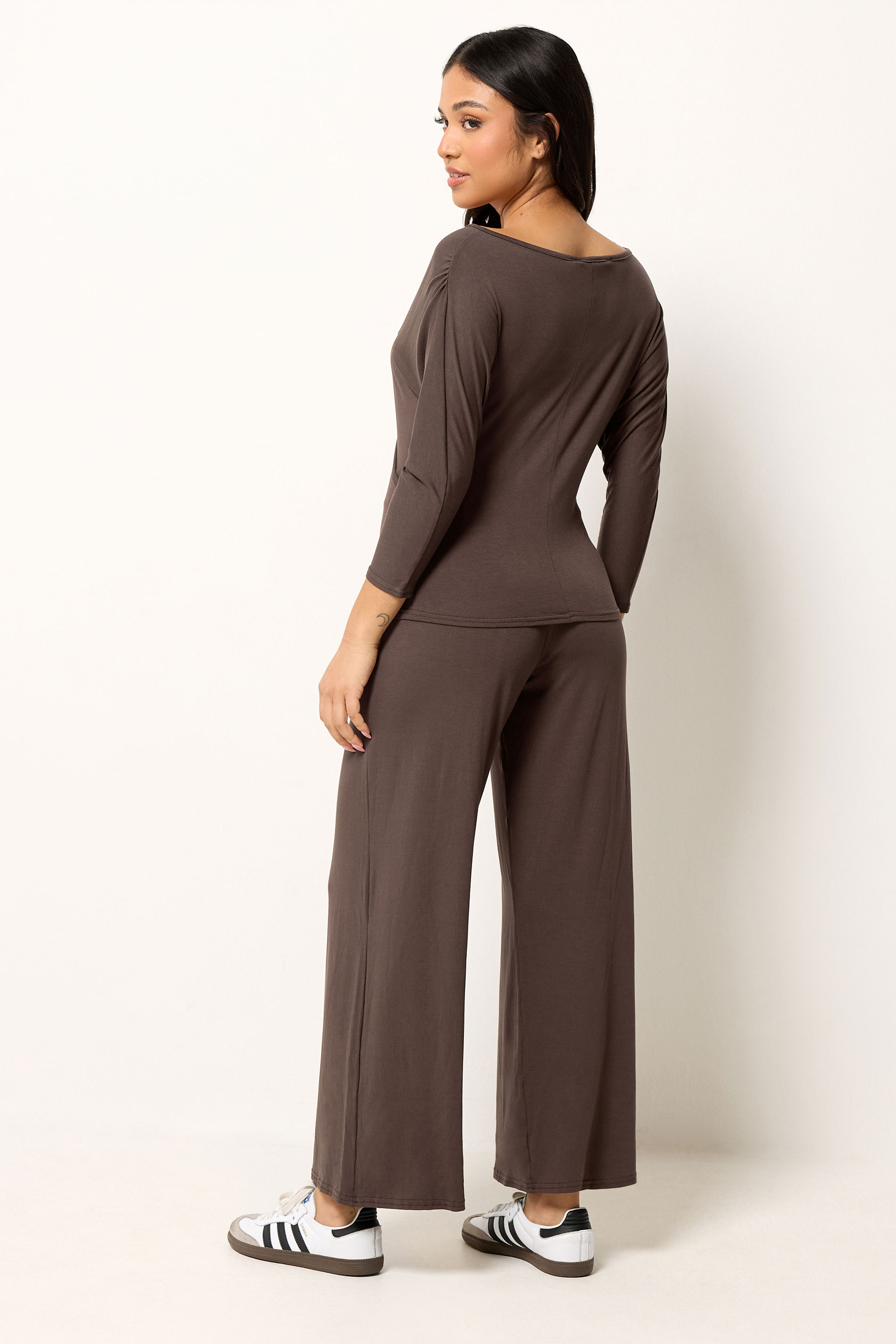 PixieGirl Petite Women's Set Chocolate Brown Wrap Top & Wide Leg Trousers | PixieGirl 2