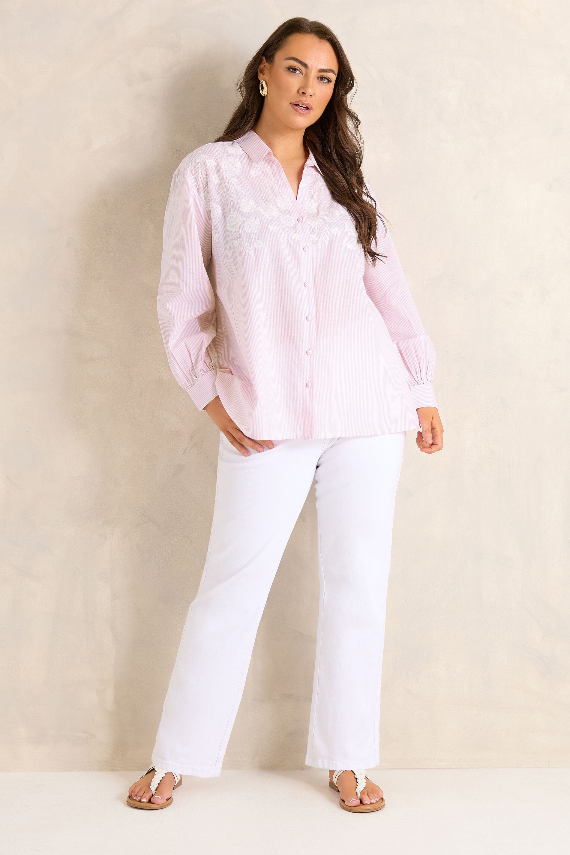 EVANS Curve Pink Stripe Embroidered Cotton Shirt | Evans 1