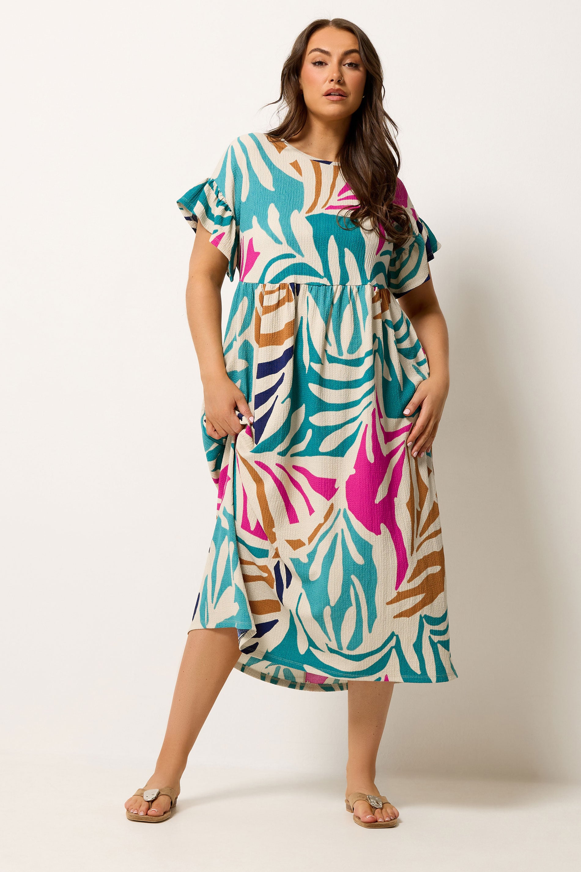 YOURS Plus Size Natural Brown & Green Abstract Print Maxi Dress | Yours Clothing 1