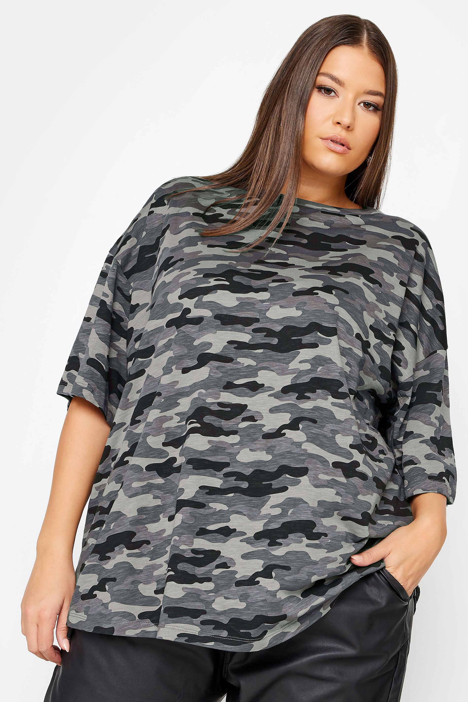 YOURS Plus Size Grey Camo Print Oversized Boxy T-Shirt | Yours Clothing  2