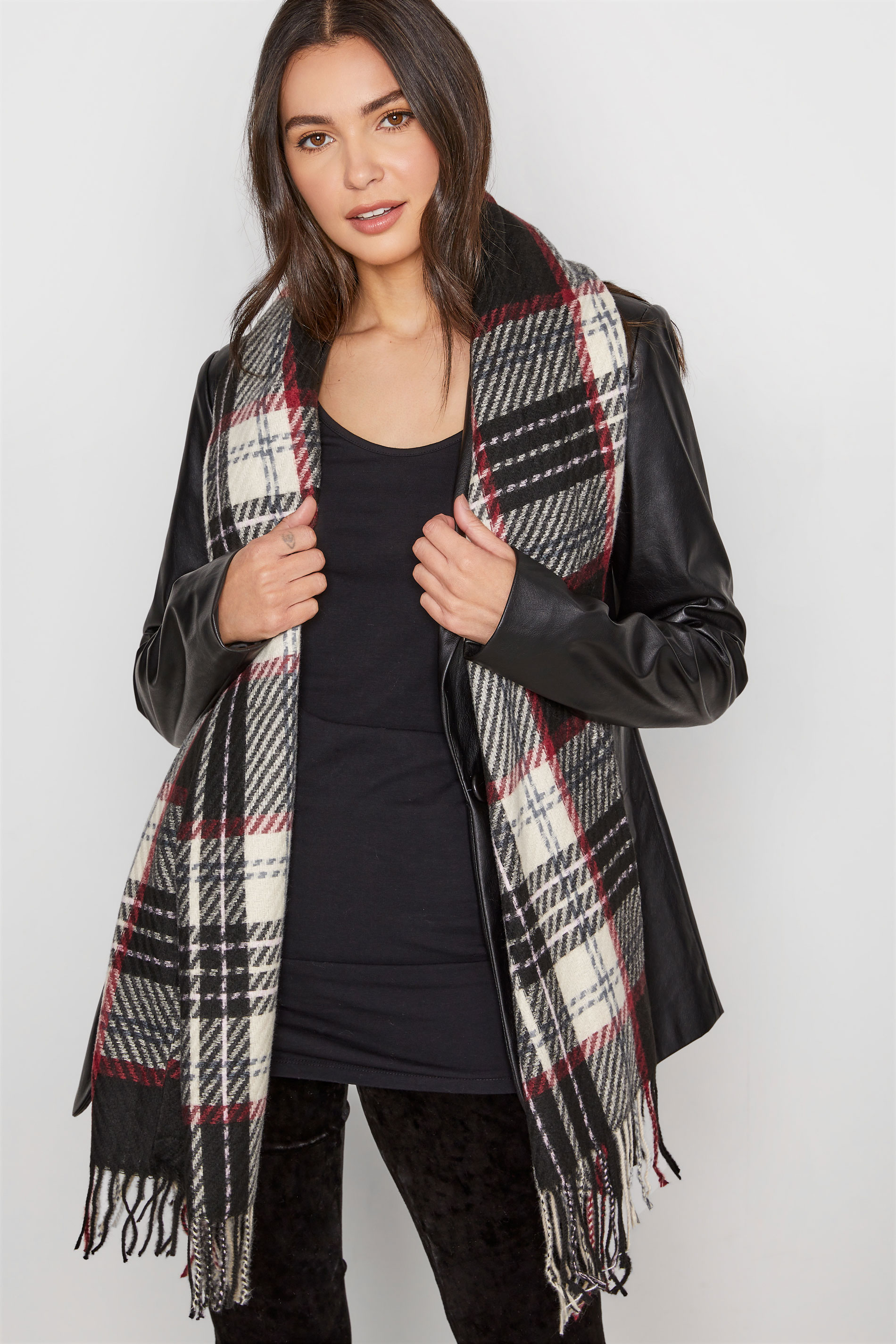 Plus Size Black Check Tassel Scarf | Yours Clothing 1
