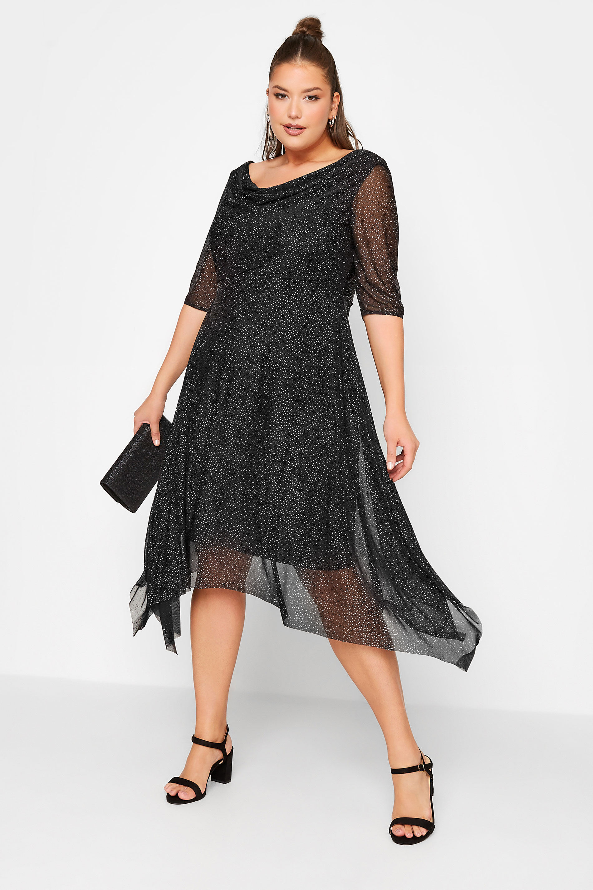 YOURS LONDON Plus-Size Curve Black Glitter Cowl Neck Midi Dress | Yours Clothing 1