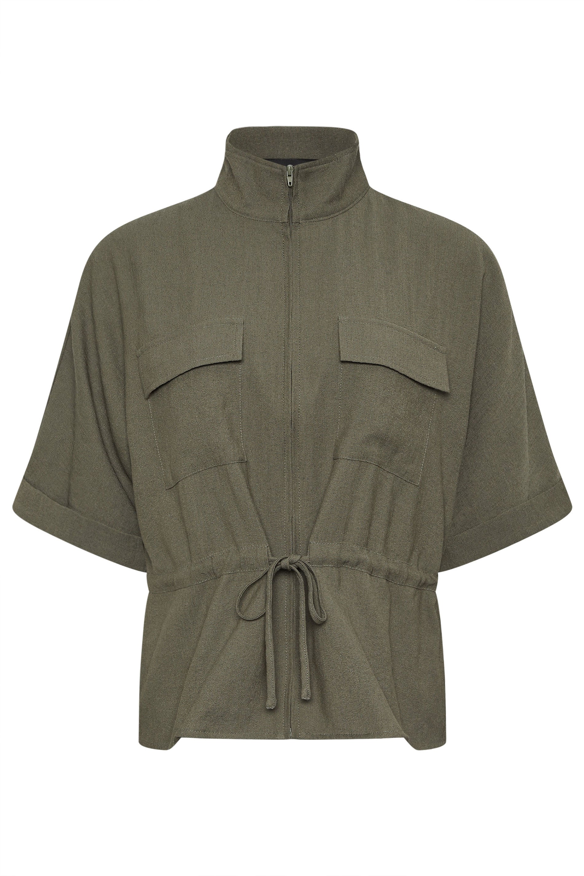 PixieGirl Petite Women's Khaki Green Funnel Neck Shacket | PixieGirl 5