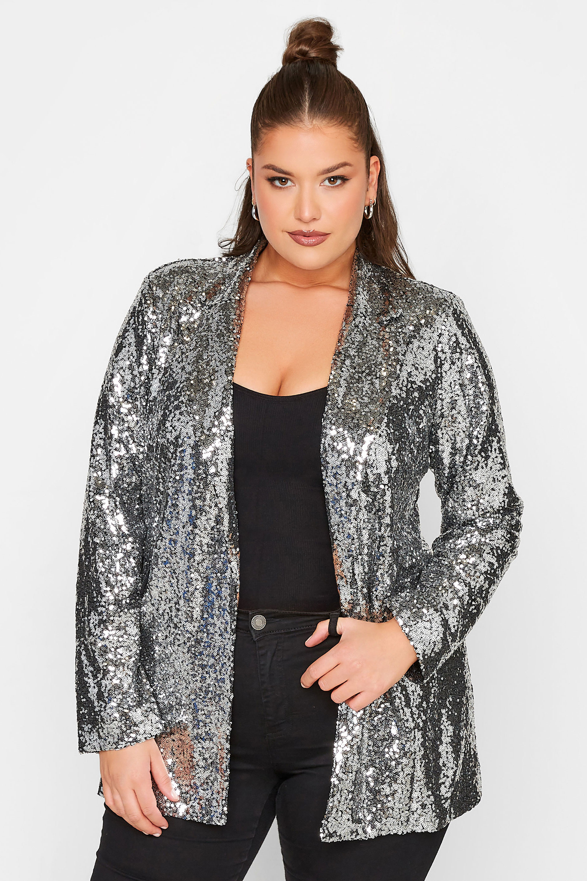 Plus Size Silver Sequin Blazer | Yours Clothing 1
