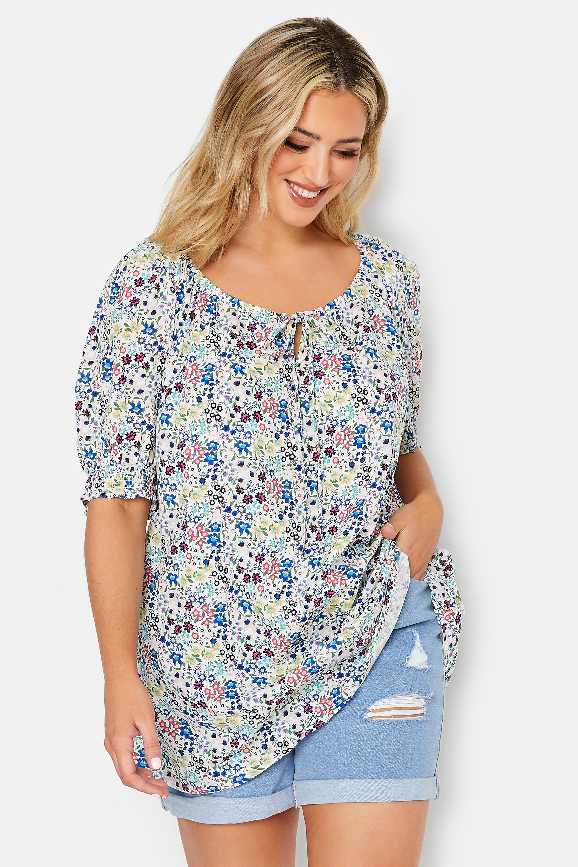 YOURS Plus Size White Ditsy Print Tie Neck Gypsy Top | Yours Clothing 1