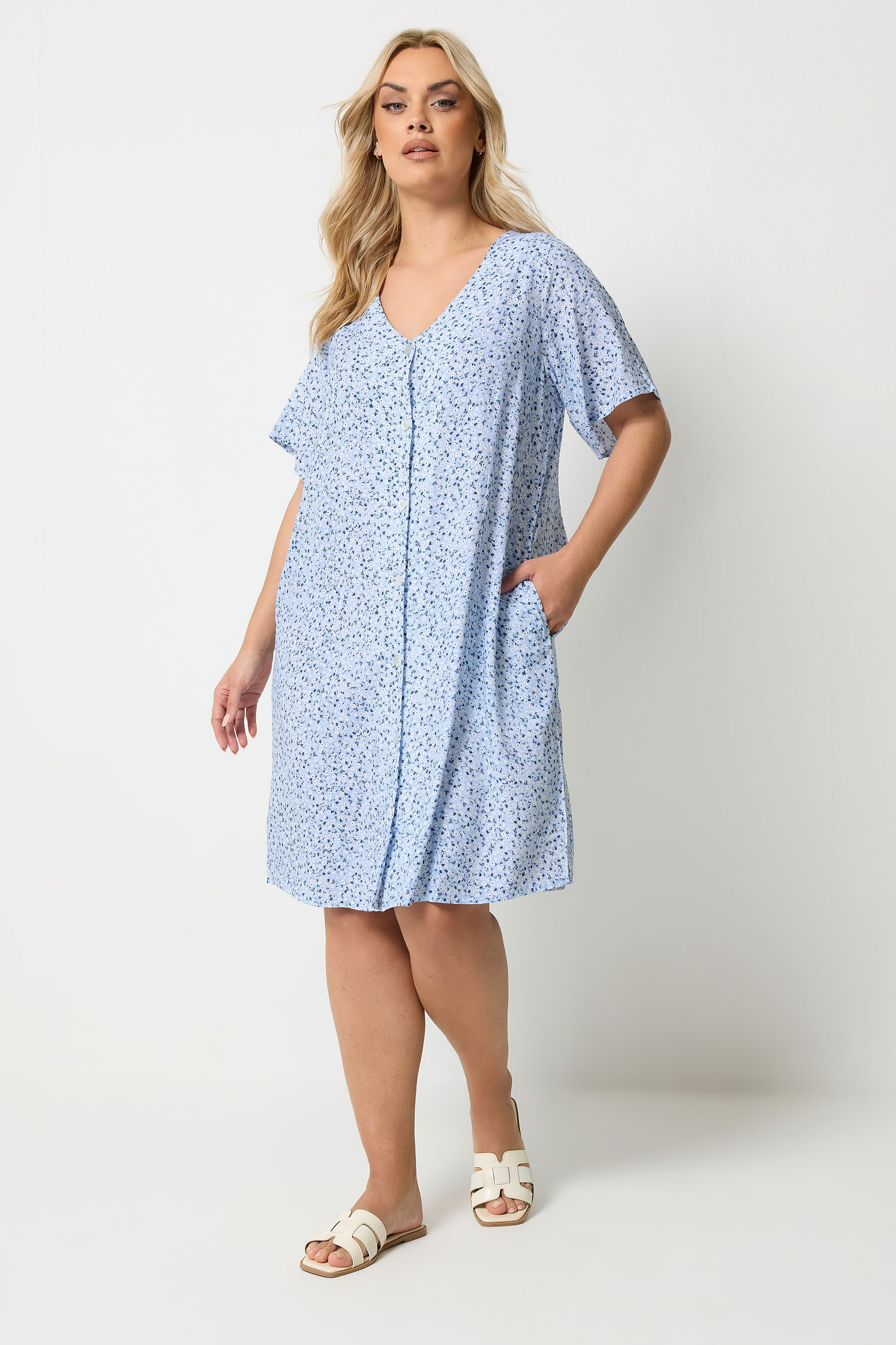 YOURS Plus Size Blue Ditsy Floral Button Through Tunic Dress | Yours Clothing 1