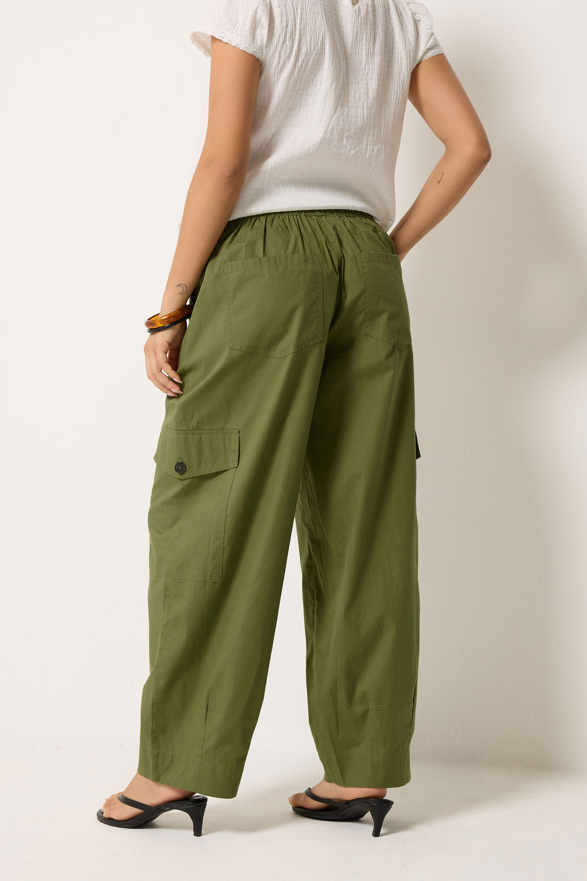 PixieGirl Petite Women's Khaki Green Poplin Cotton Cargo Barrel Leg Trousers | PixieGirl 2