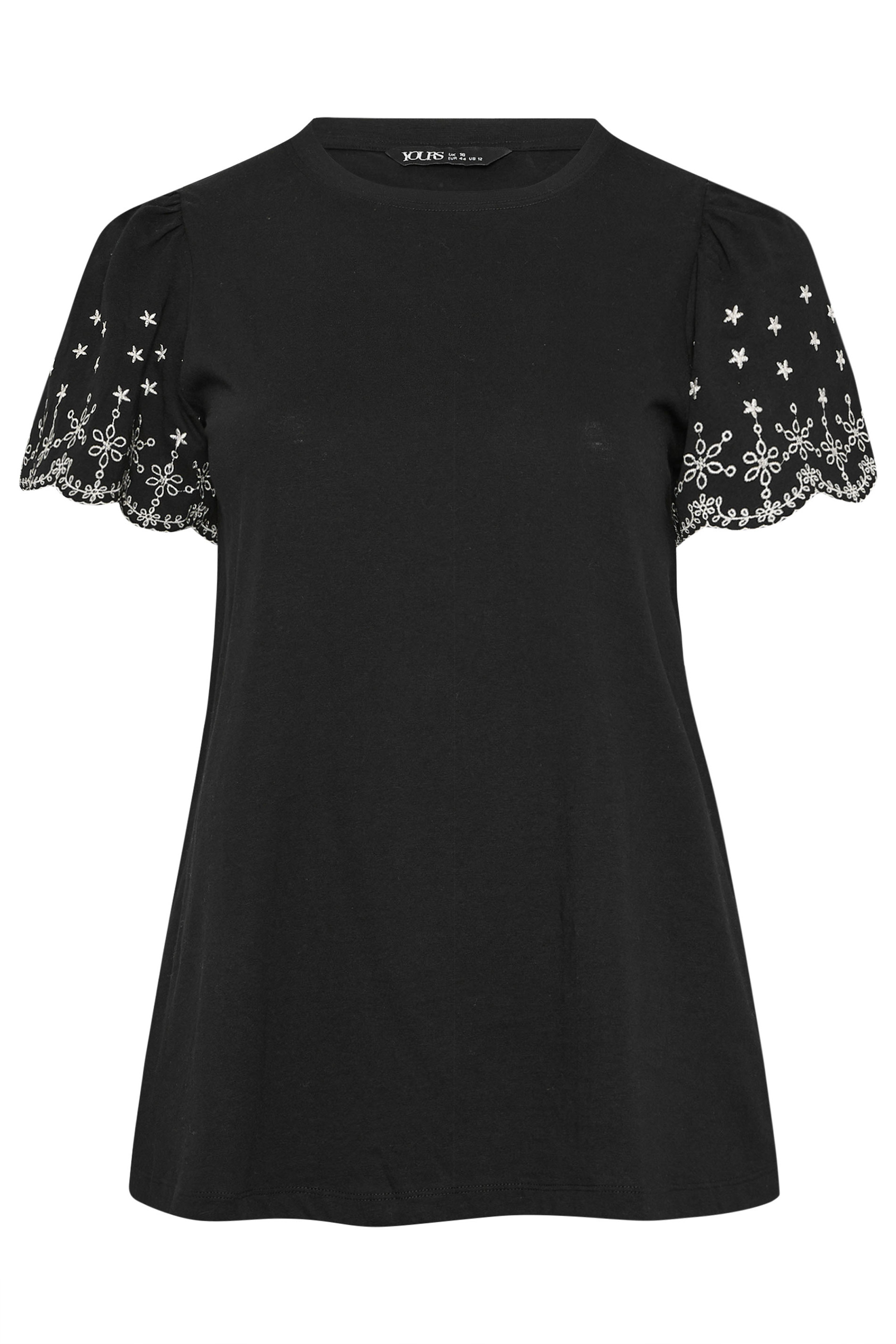 YOURS Plus Size Black Embroidered Sleeve T-Shirt | Yours Clothing 5