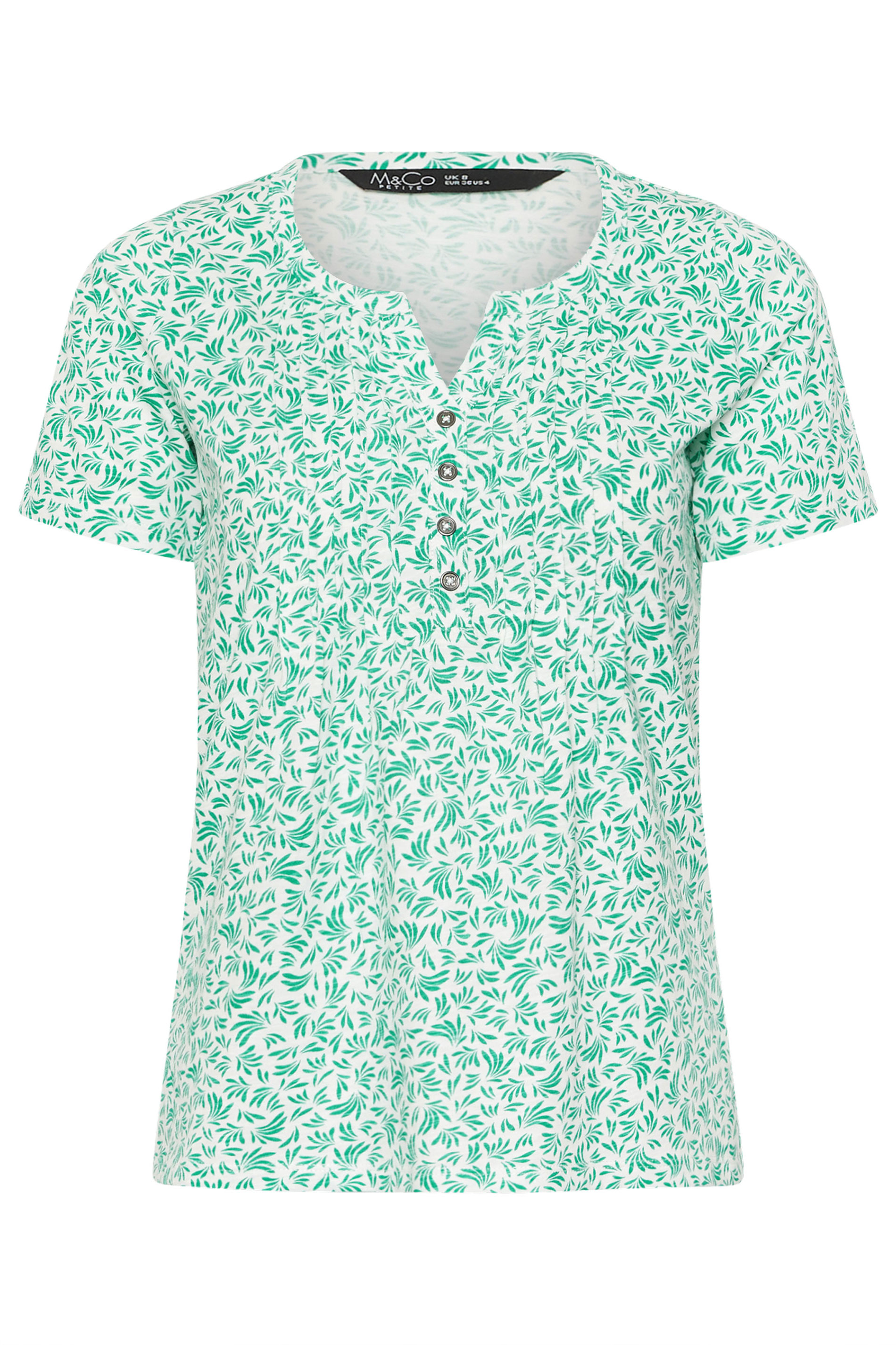 M&Co Petite White & Green Leaf Print Cotton Henley Top | M&Co 5