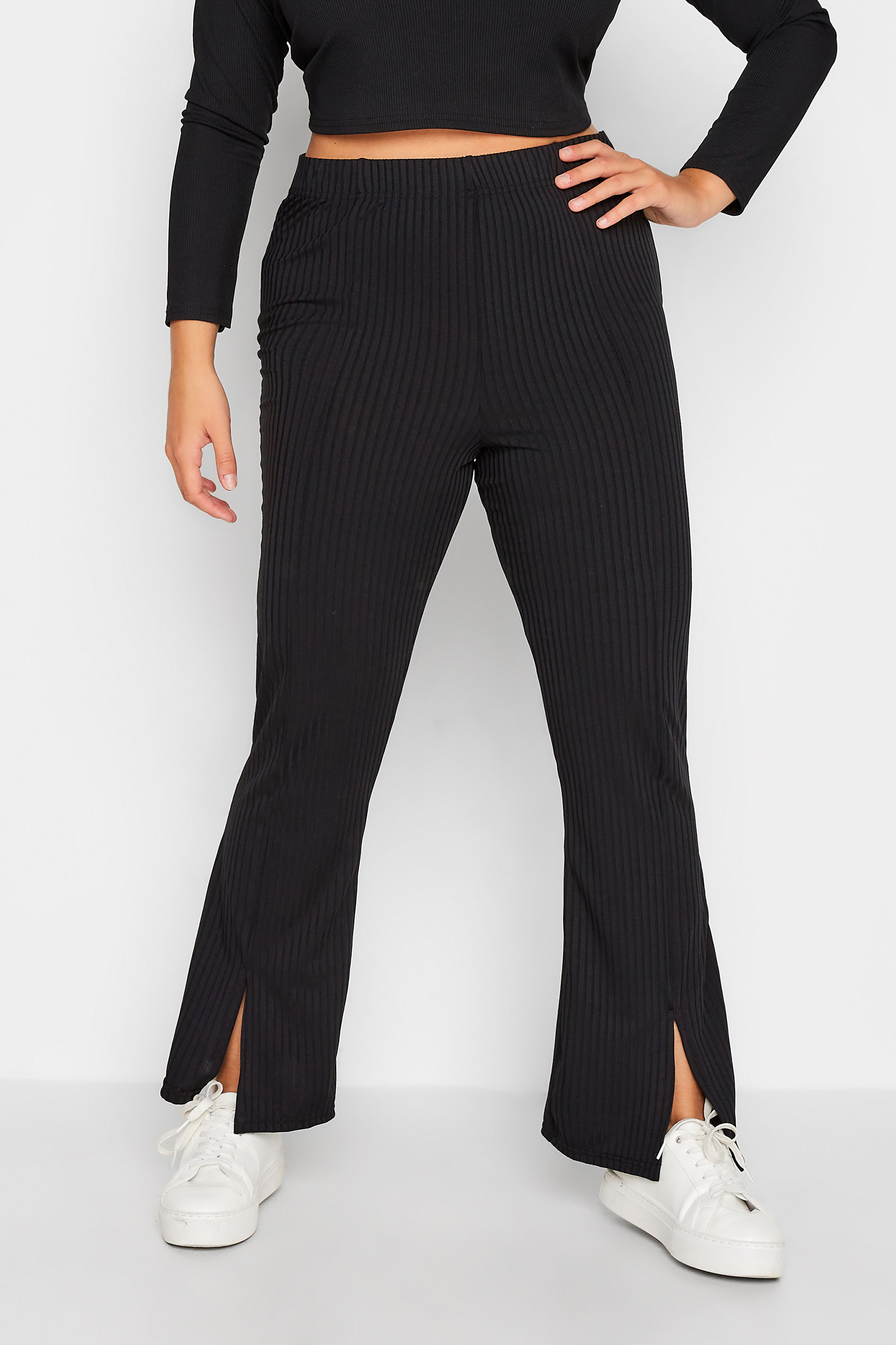 Plus Size Black Ribbed Split Front Flared Trousers | Yours Clothing 1