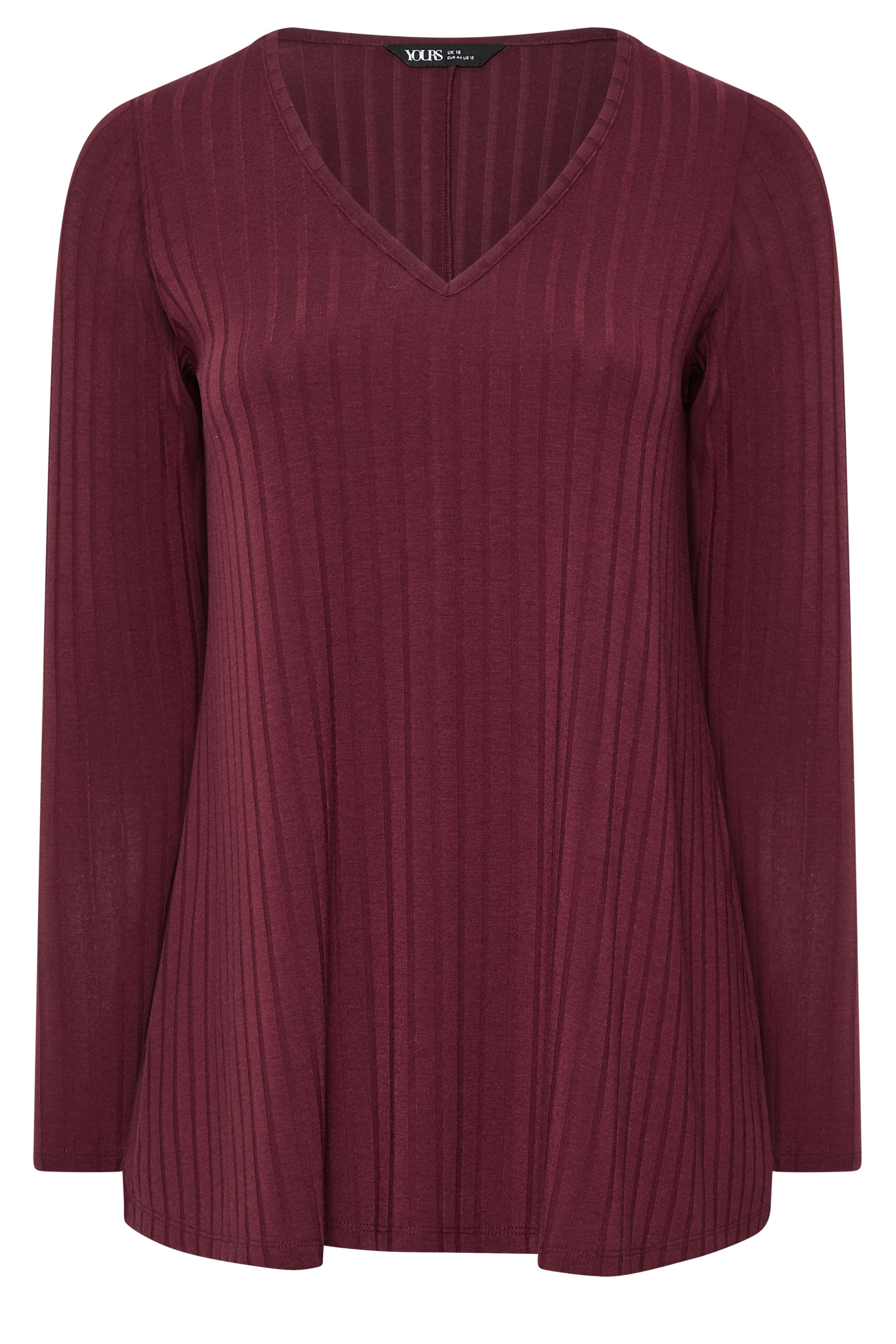 YOURS Plus Size Red Plunge Neck Ribbed T-Shirt | Yours Clothing 1