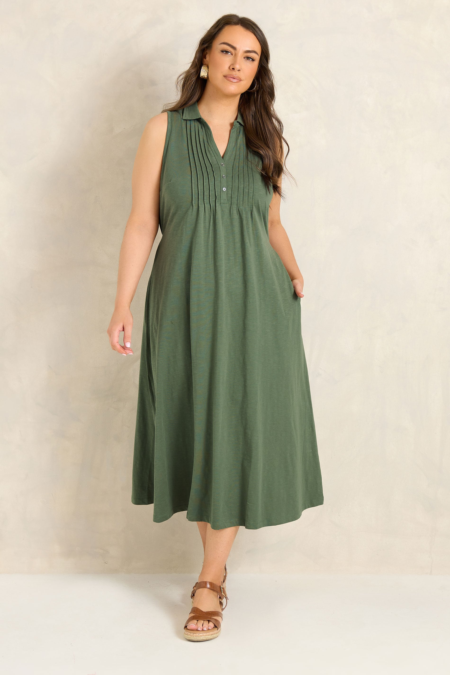 EVANS Plus Size Khaki Green Henley Maxi Dress | Evans 1
