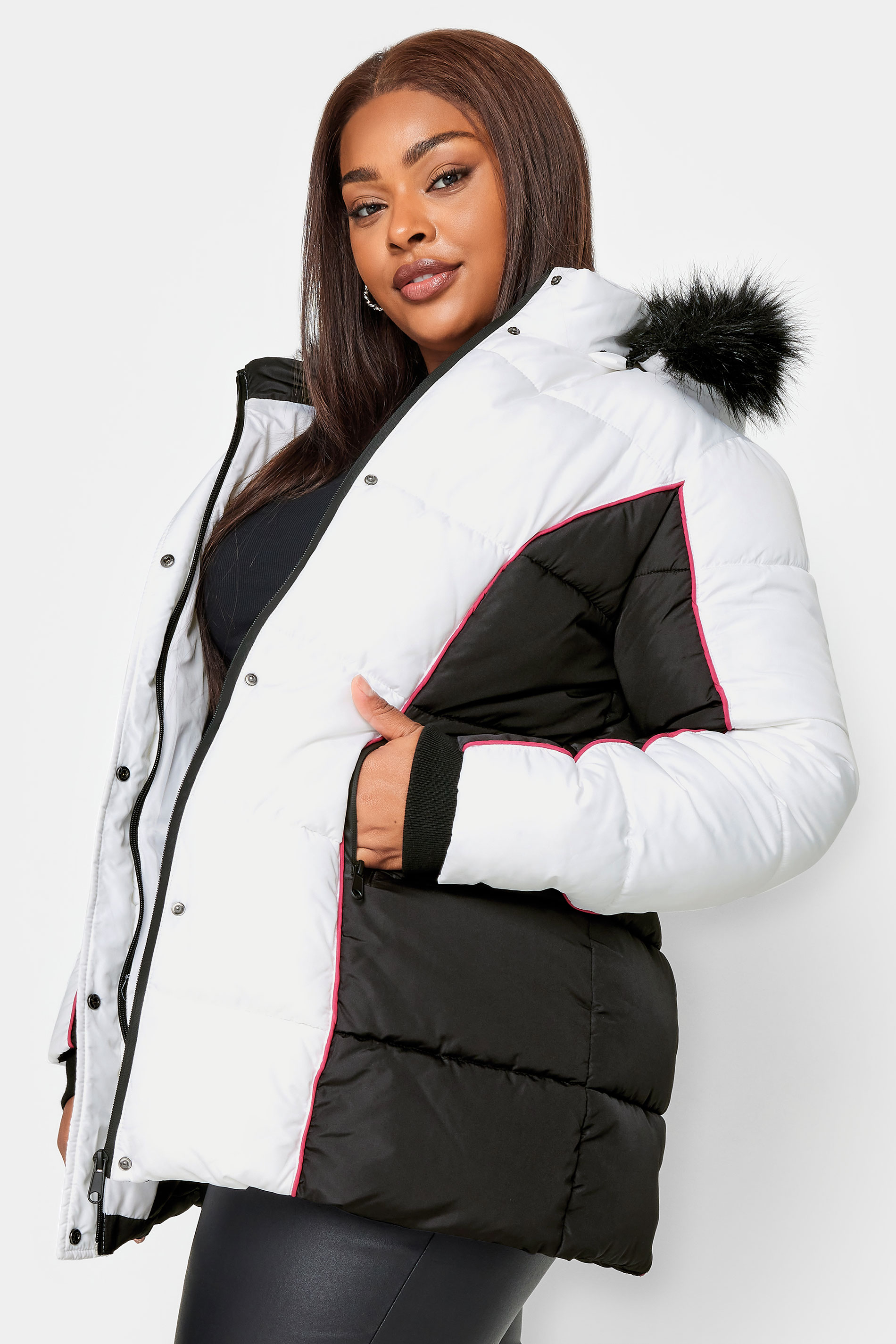 YOURS Plus Size White & Black Colourblock Hooded Puffer Jacket | YOURS Clothing 1