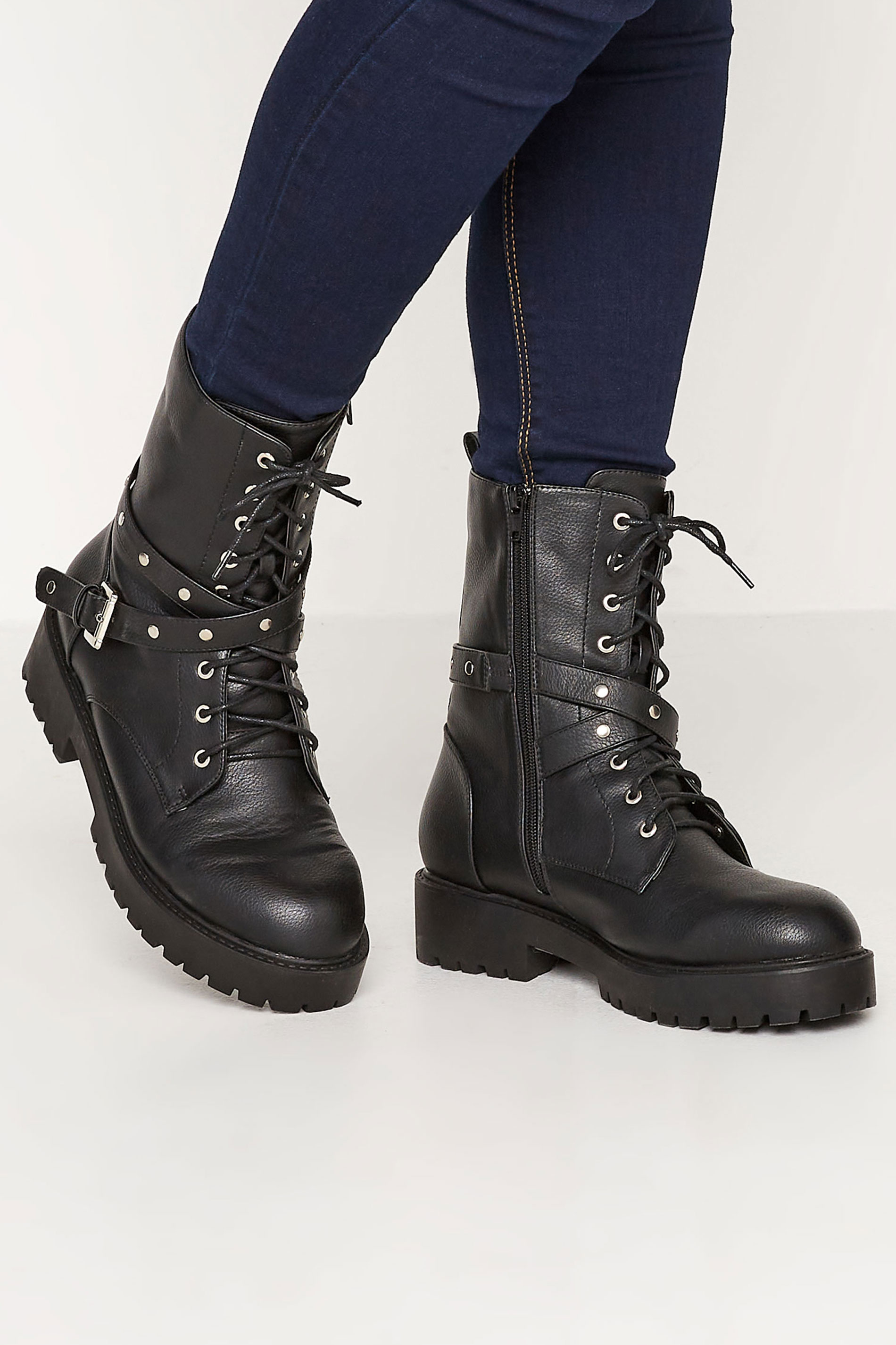 Black Studded Strap Lace Up Chunky Boots In Extra Wide EEE Fit 1