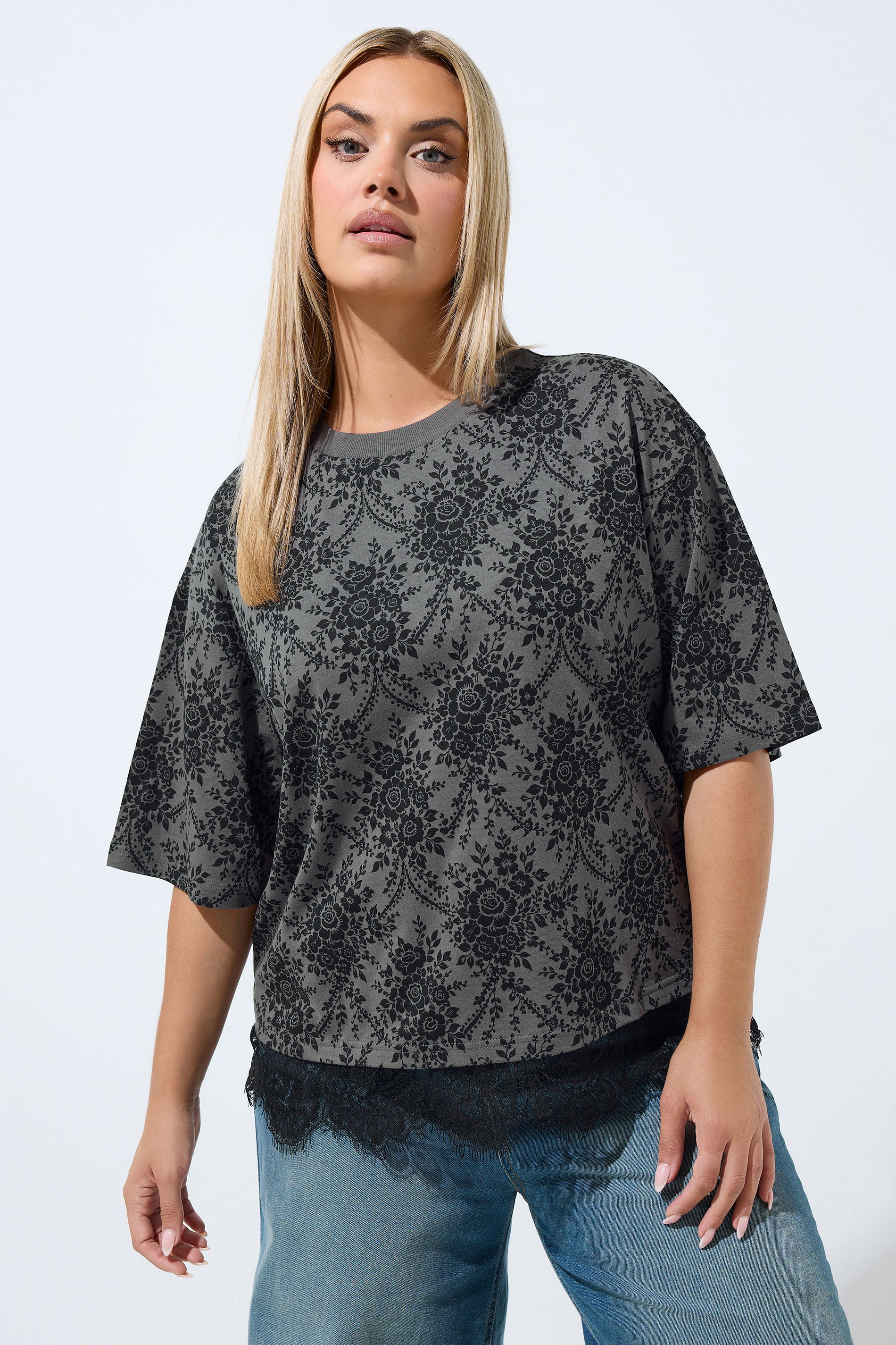 Limited Collection Grijs Bloemen Tshirt Met Kanten Zoom Size 38