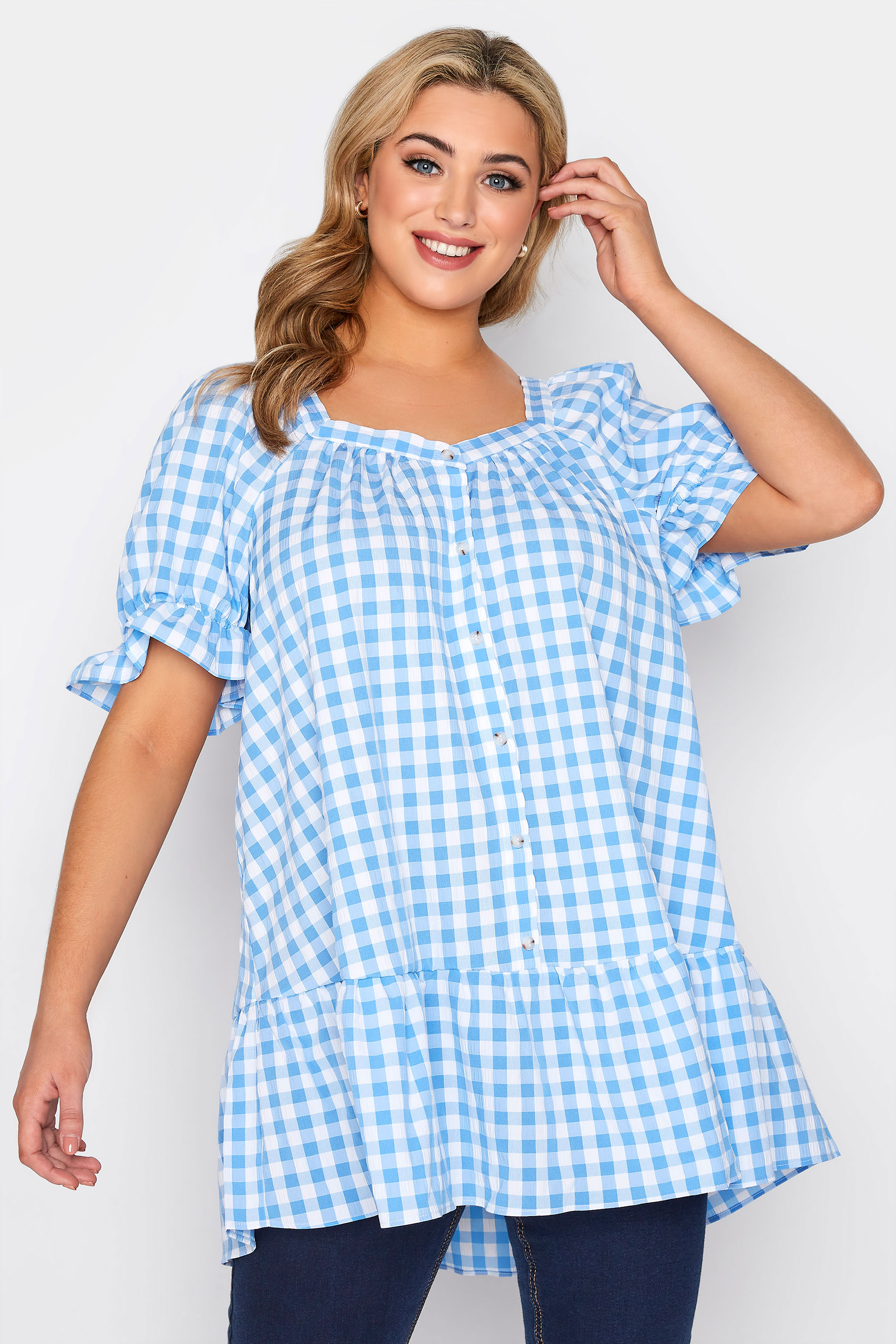 LIMITED COLLECTION Curve Blue Gingham Puff Sleeve Tunic Top_A.jpg