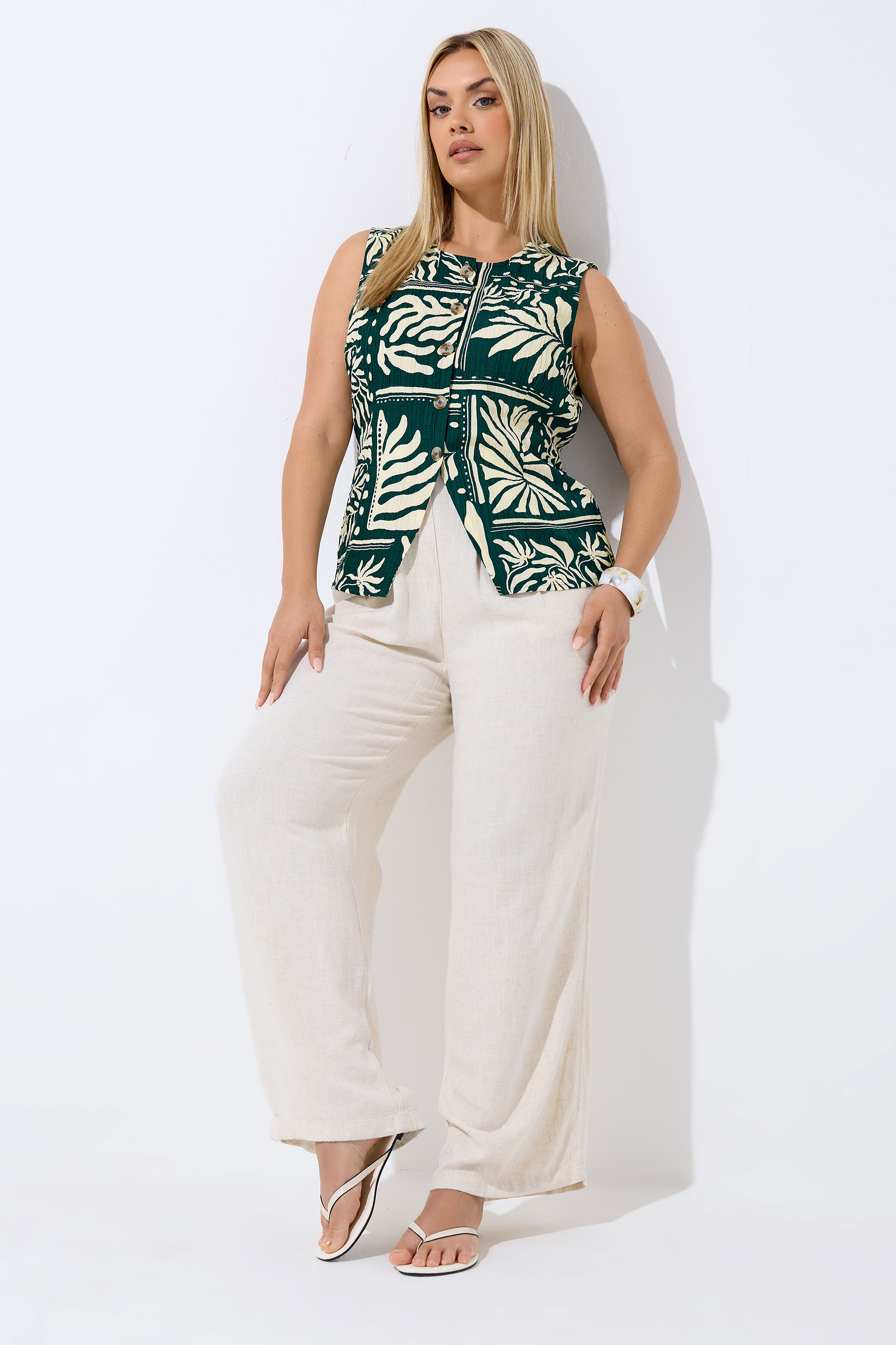 LIMITED COLLECTION Plus Size Green Palm Leaf Waistcoat | Yours Clothing 1