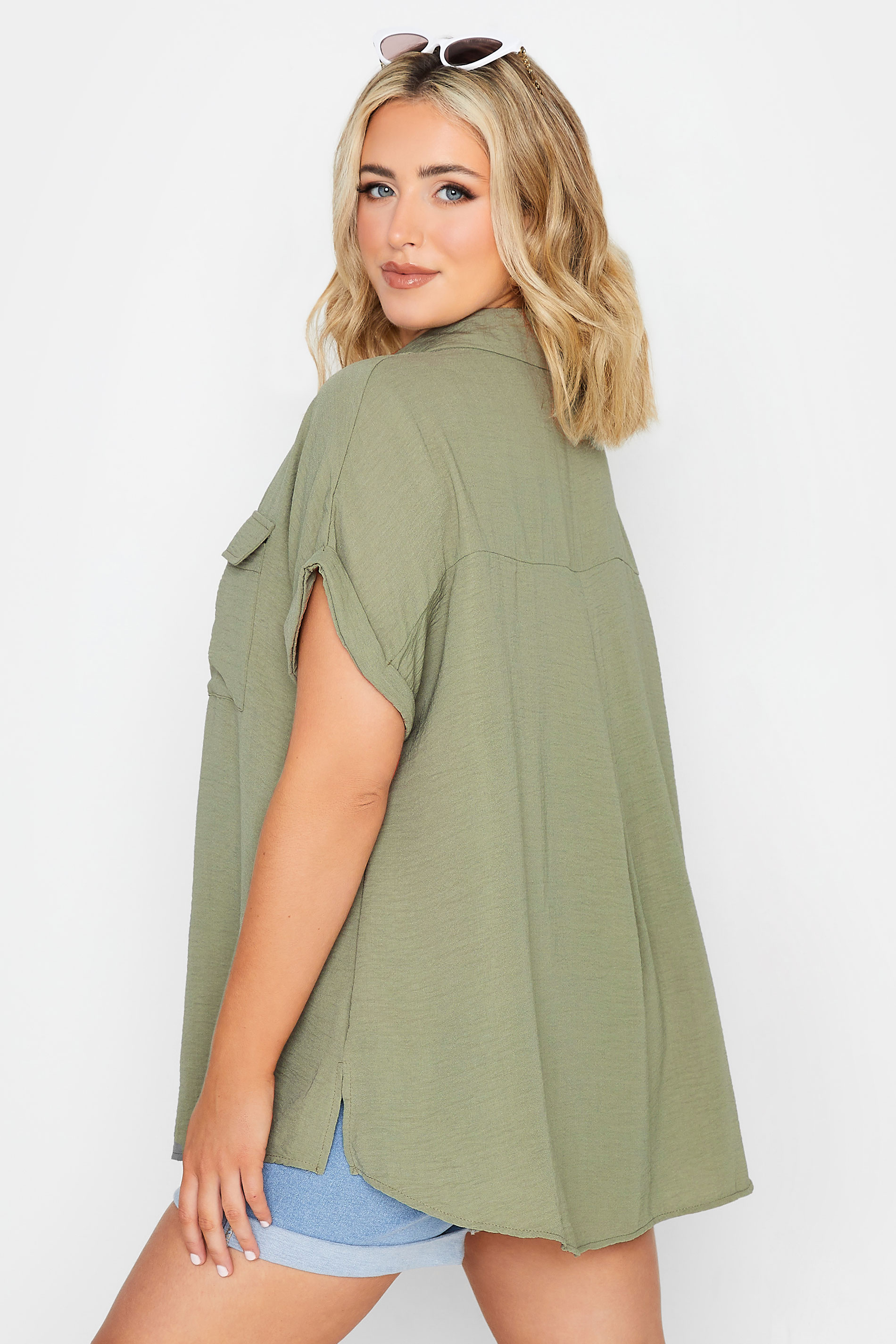 YOURS Curve Plus Size Sage Green Utility Short Sleeve Shirt | Yours Clothing  3