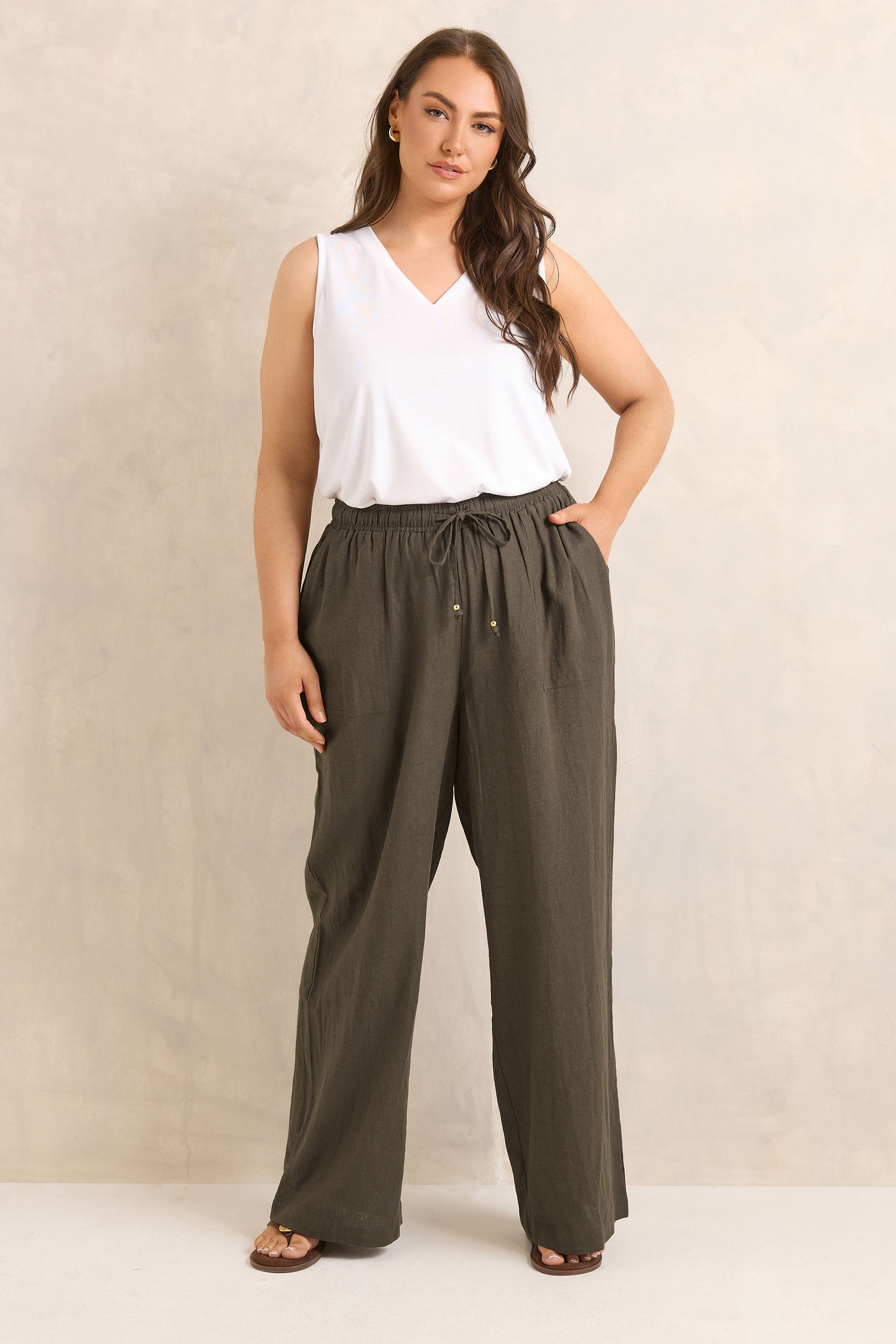 EVANS Plus Size Chocolate Brown Linen Wide Leg Trouser | Evans 1