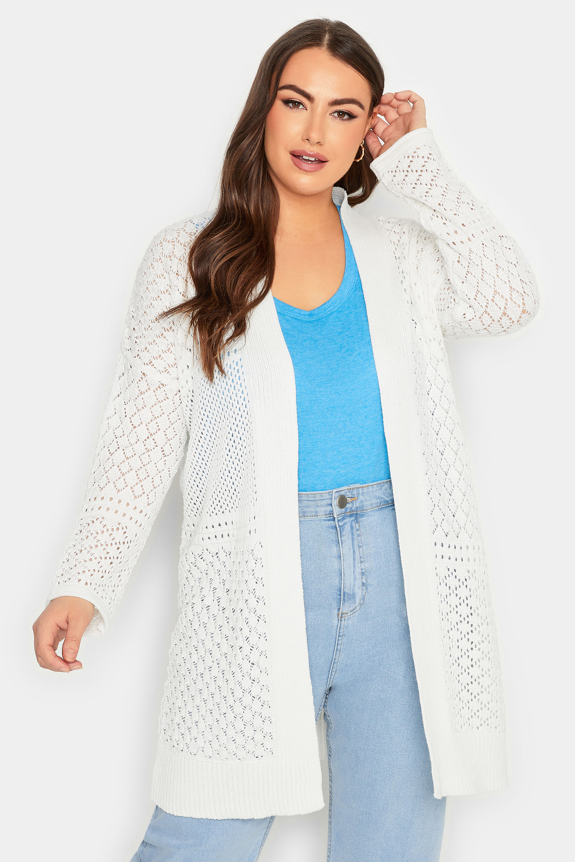 YOURS Plus Size White Pointelle Longline Cardigan | Yours Clothing 1