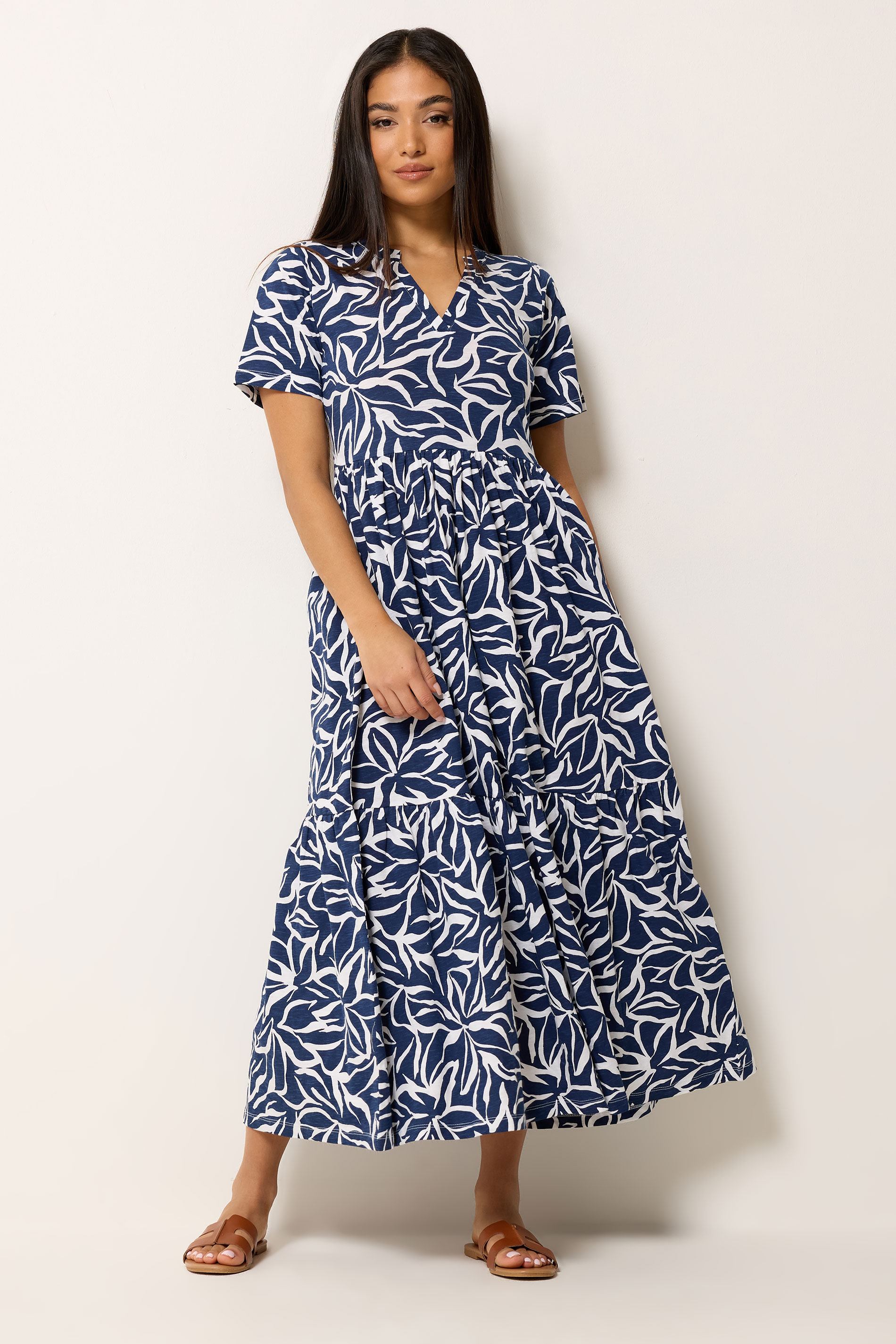 M&Co Petite Navy Blue Abstract Print Tiered Cotton Maxi Dress | M&Co 3