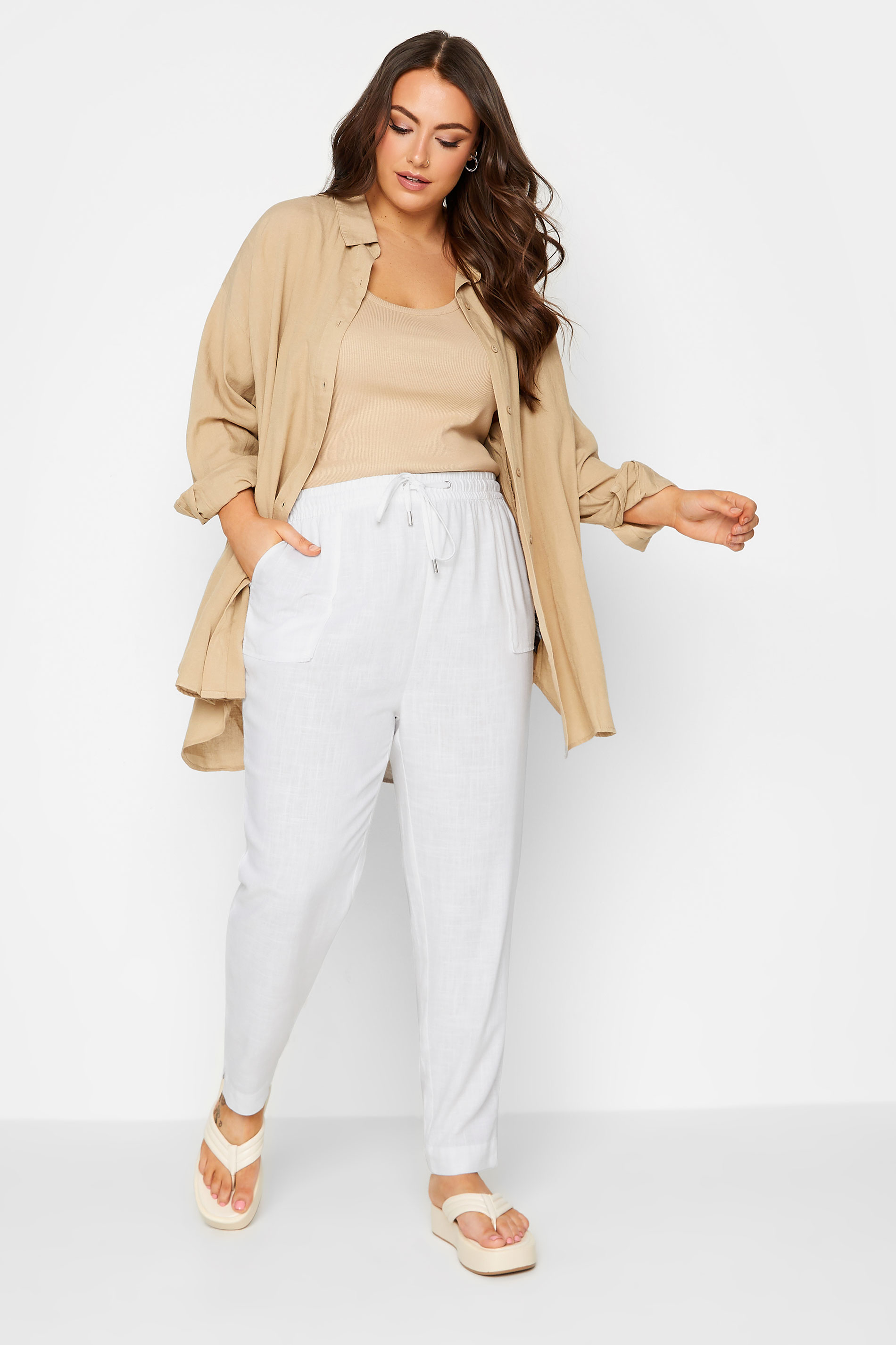YOURS Curve White Linen Look Joggers | Yours Clothing  2