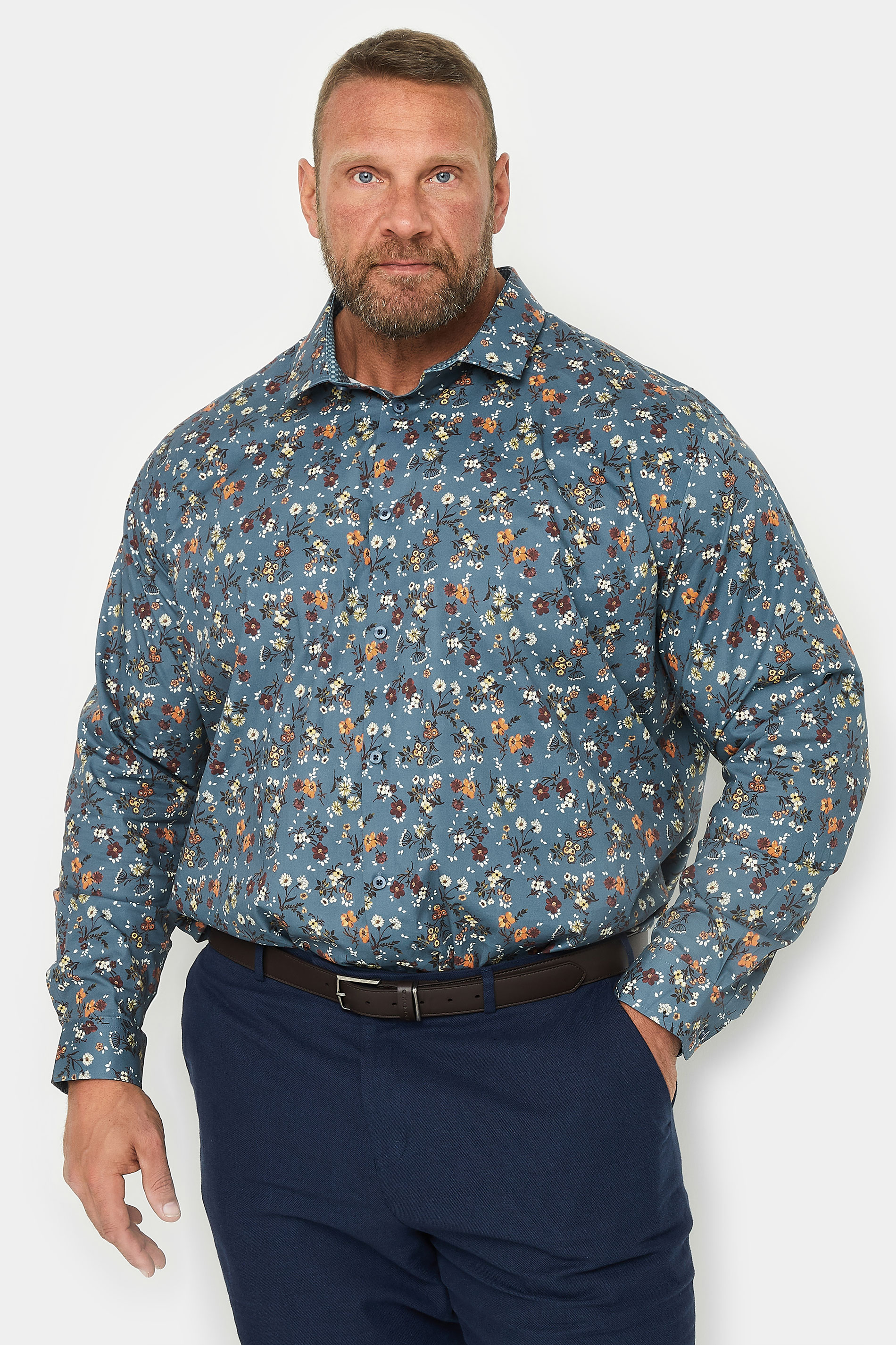 BadRhino Big & Tall Premium Blue Floral Print Long Sleeve Shirt | BadRhino 2