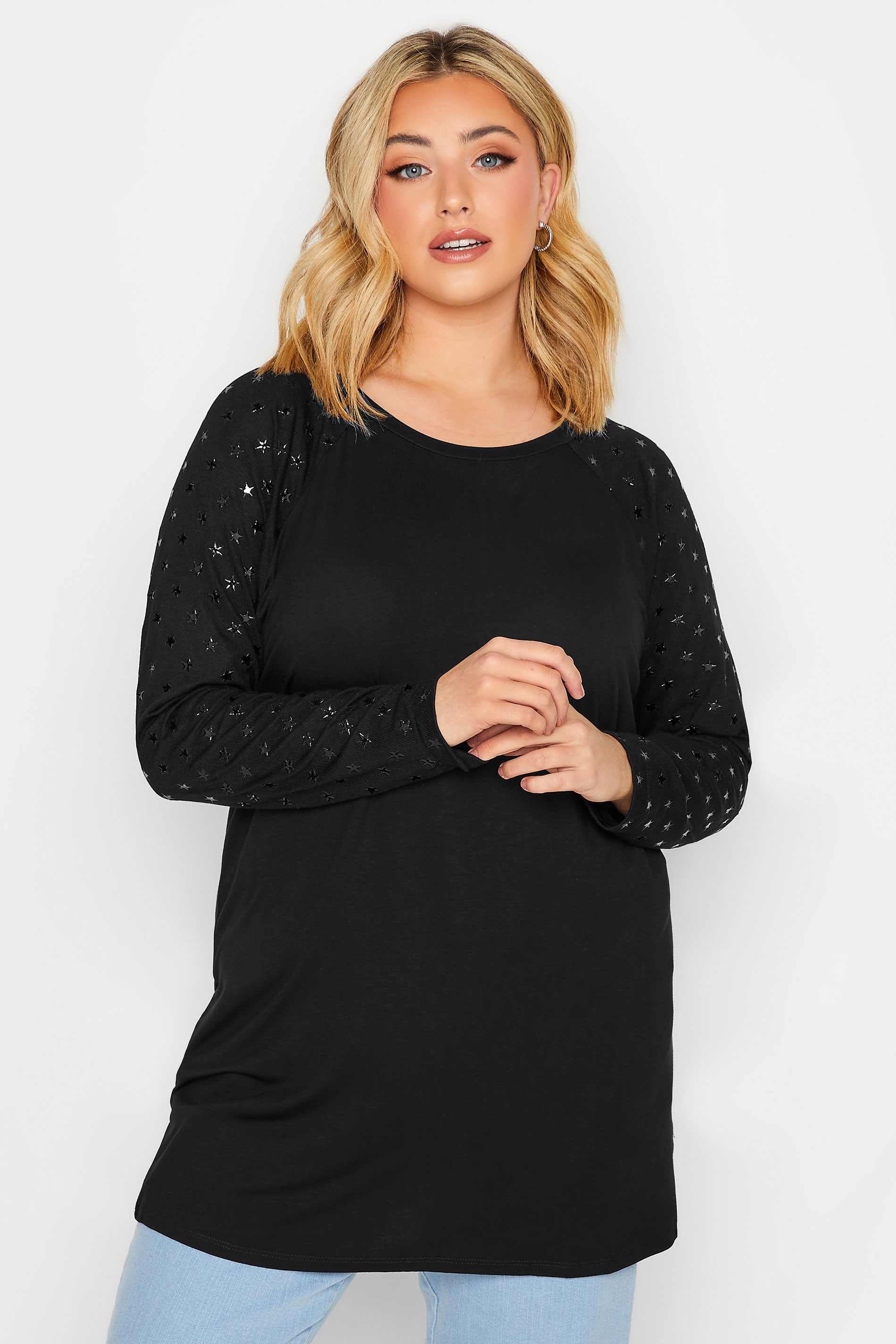 Plus Size Black Long Sleeve Star Print Top | Yours Clothing